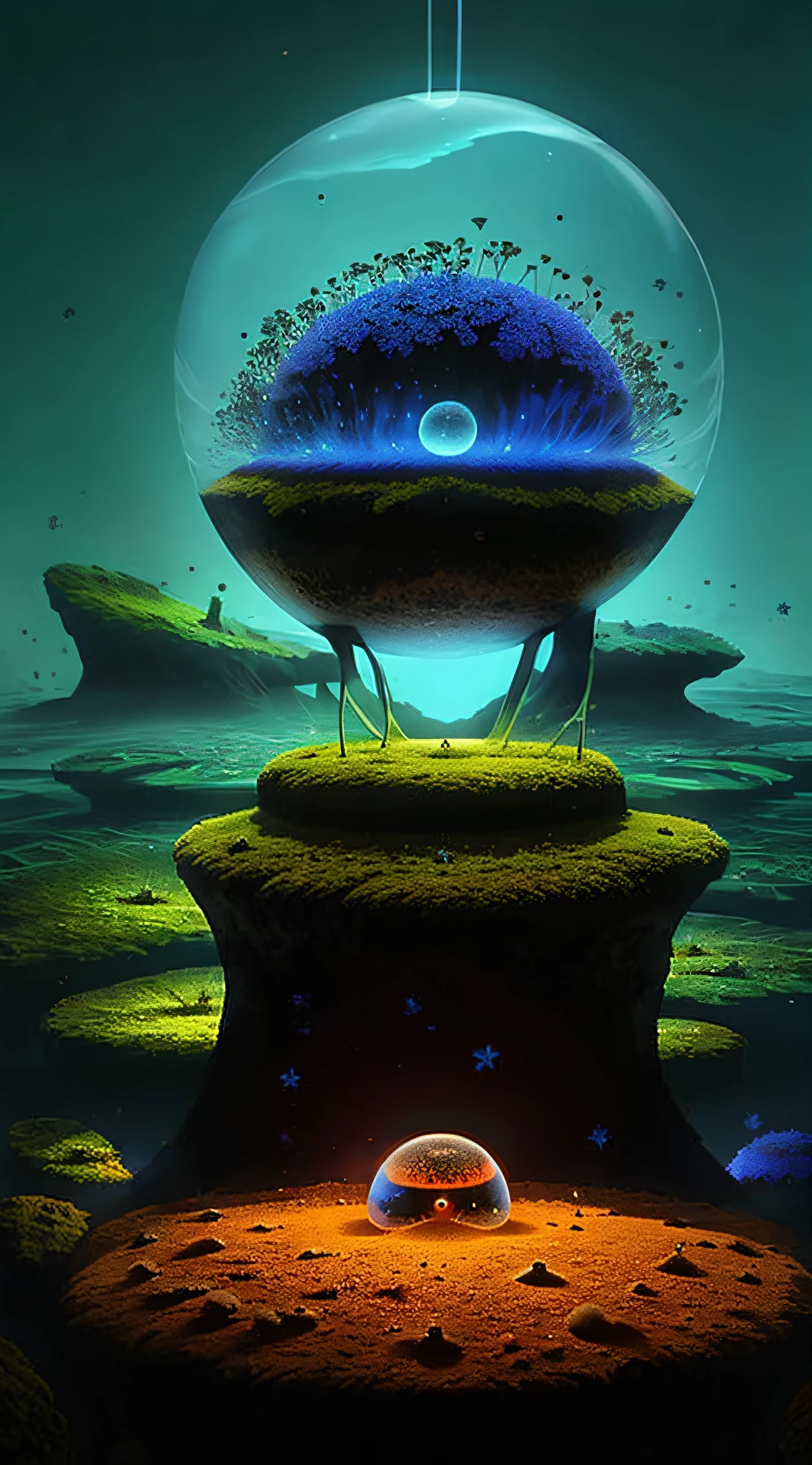 Cute anthill，It is covered with moss and cute glowing ants，Made of sand，Blue Higan flowers bloom，Transparent fog，The hemispherical shape looks down from the sky，fanciful，Artistically，ultraclear，Hyper-detailing，8K
