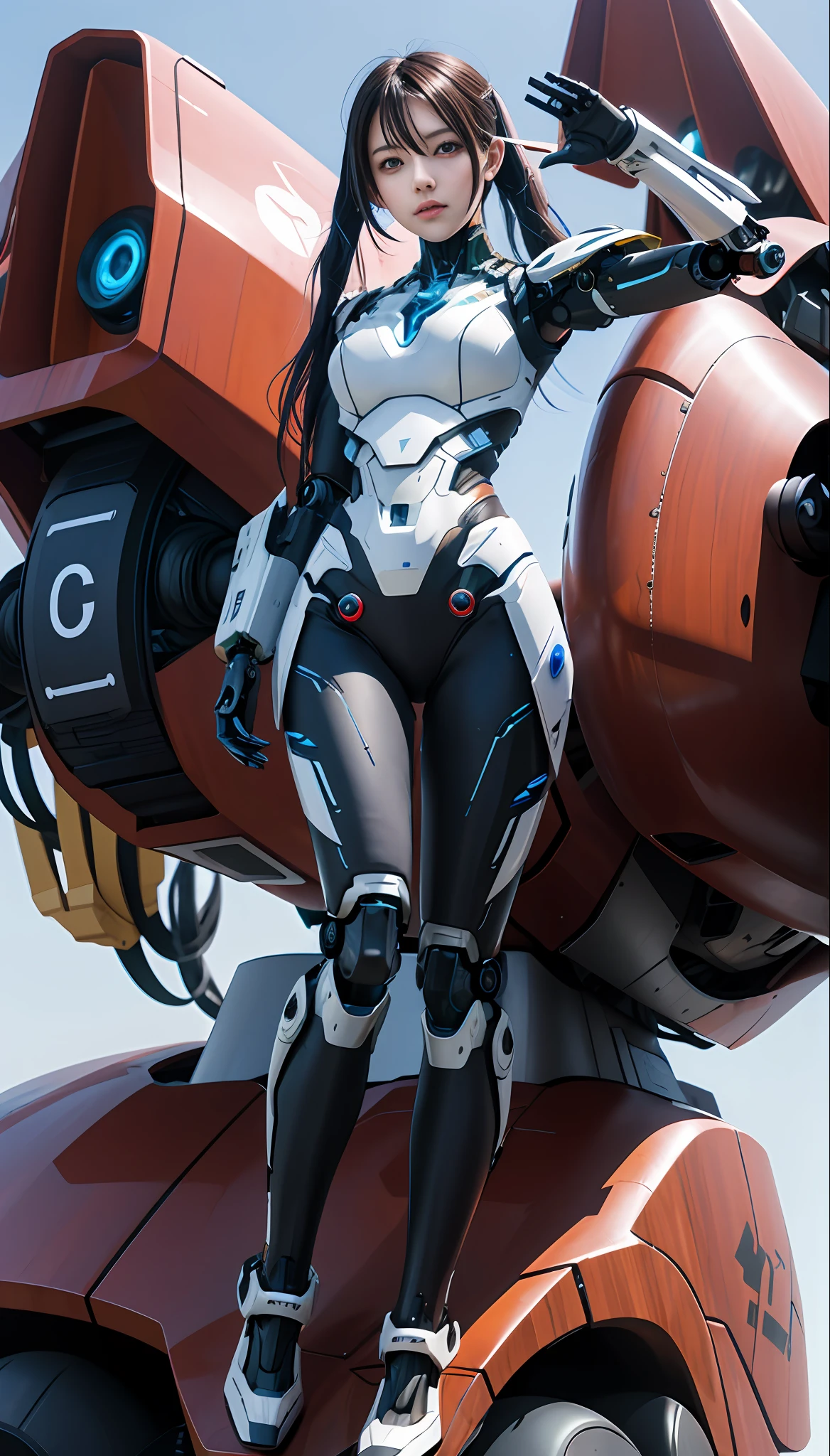 Anime girl in futuristic suit standing in front of a giant robot, girl in mecha cyber armor, cyberpunk anime girl mech, Mecha suit, female mecha, anime robotic mixed with organic, anime mecha aesthetic, Beautiful robot character design, Mechanized Valkyrie girl, symetry! futuristic robotic, wojtek fus, perfect anime cyborg woman, mecha asthetic