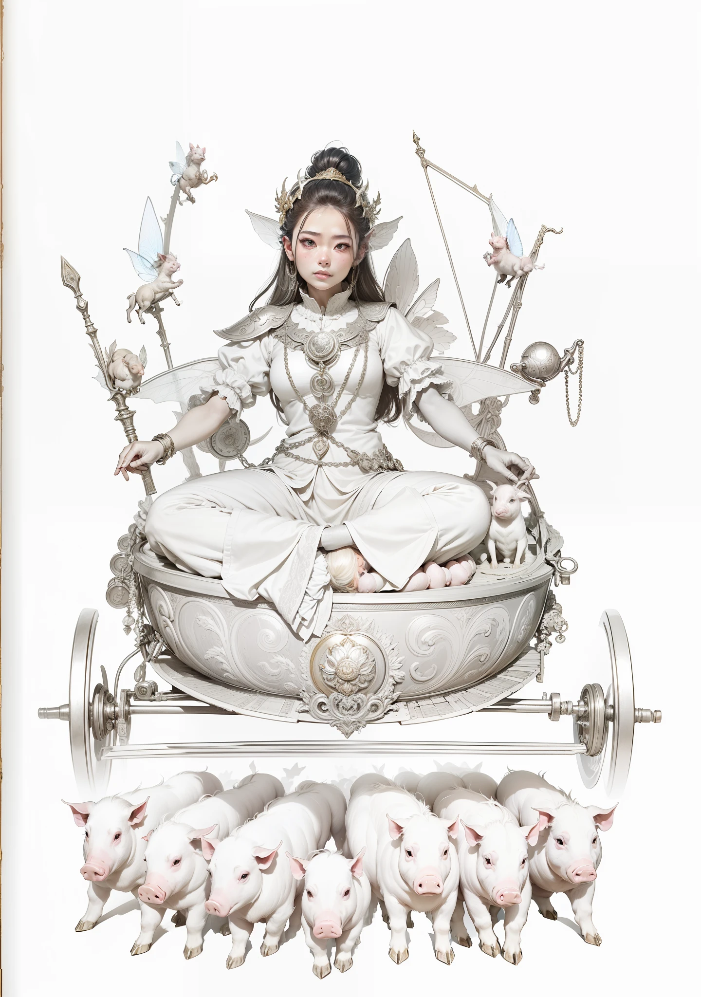 The fairy sits on a lotus,There are also two lateral faces on either side of the head,Each of the eight arms holds a magic weapon,Seven piglets pulling a golden cart in front,There are two wheels on the left and right of the car,The background has a round light,Clear and clean sky,