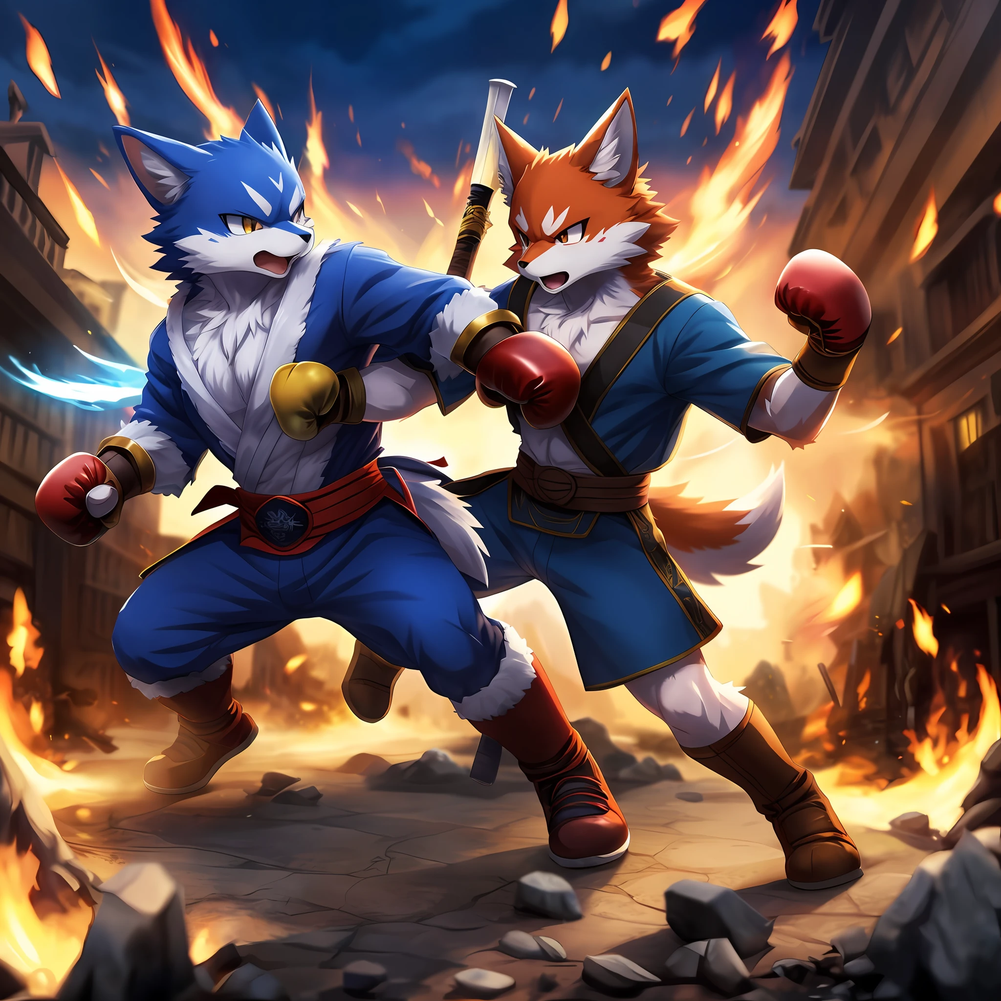 top quality, high-quality illustrations((masterpiece))depth of field, motion blur, absurdres, Perfect Anatomy, magnificent picture of kemono fighting fierce battles, kemono, Anthro((dramatic))epic, weapon, dynamic pose, One scene of movie,