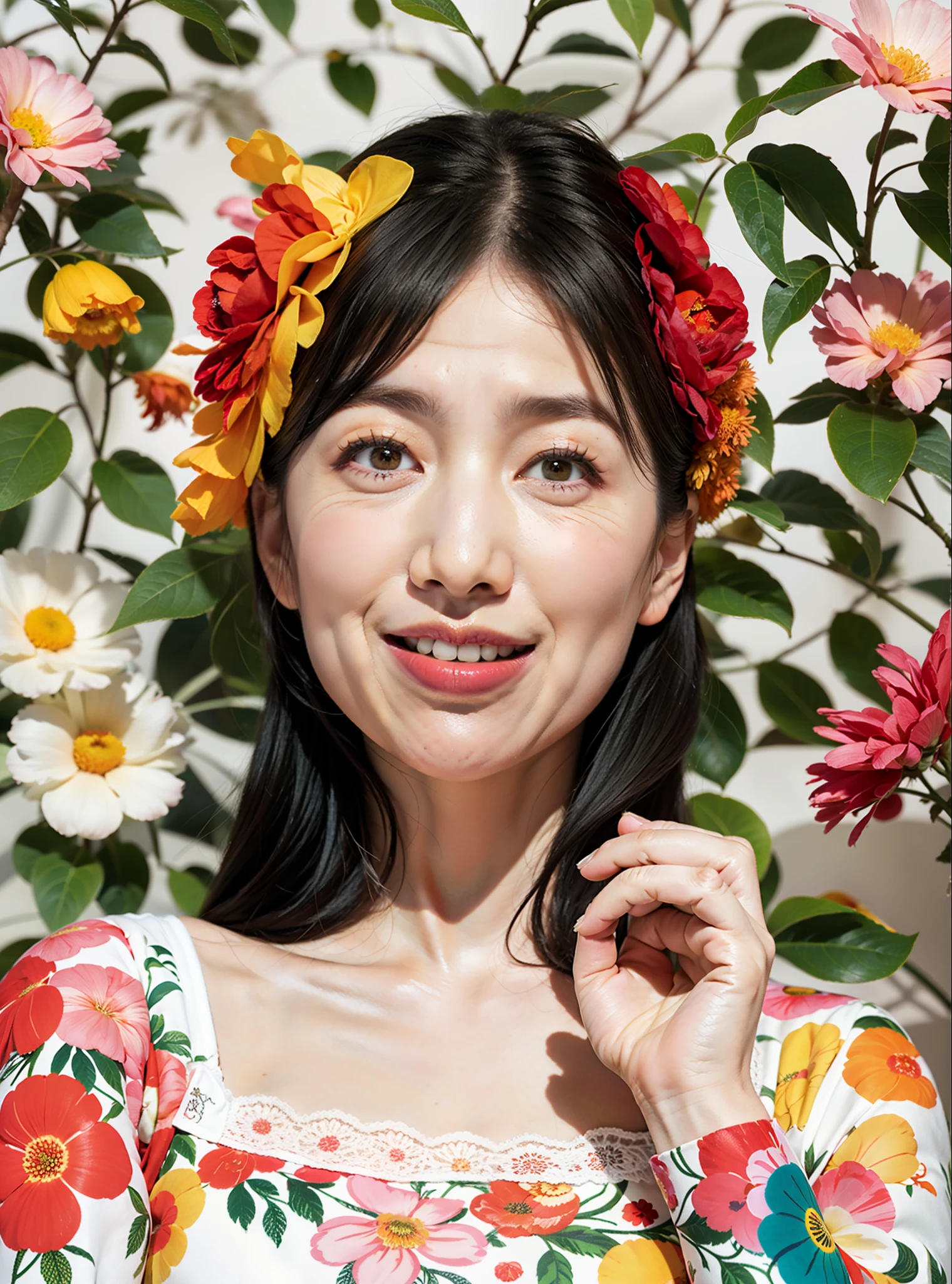 (flat-colors:0.9),(colourfull:1.1),(​masterpiece:1,2), top-quality, ​masterpiece, hight resolution, Original, (flat-colors:0.9),(colourfull:1.1),(​masterpiece:1,2), top-quality, ​masterpiece, hight resolution, Original, highly detailed wallpaper, Viewer's Perspective,Solo,portlate, (A MILF)、63 years old、Mature Woman Body Set、Exposing breasts、showing teeth、Detailed tongue、Detailed mouth、Staring at this、Wrinkles at the corners of the eyes、Floral background、undergarment、(Mature)、