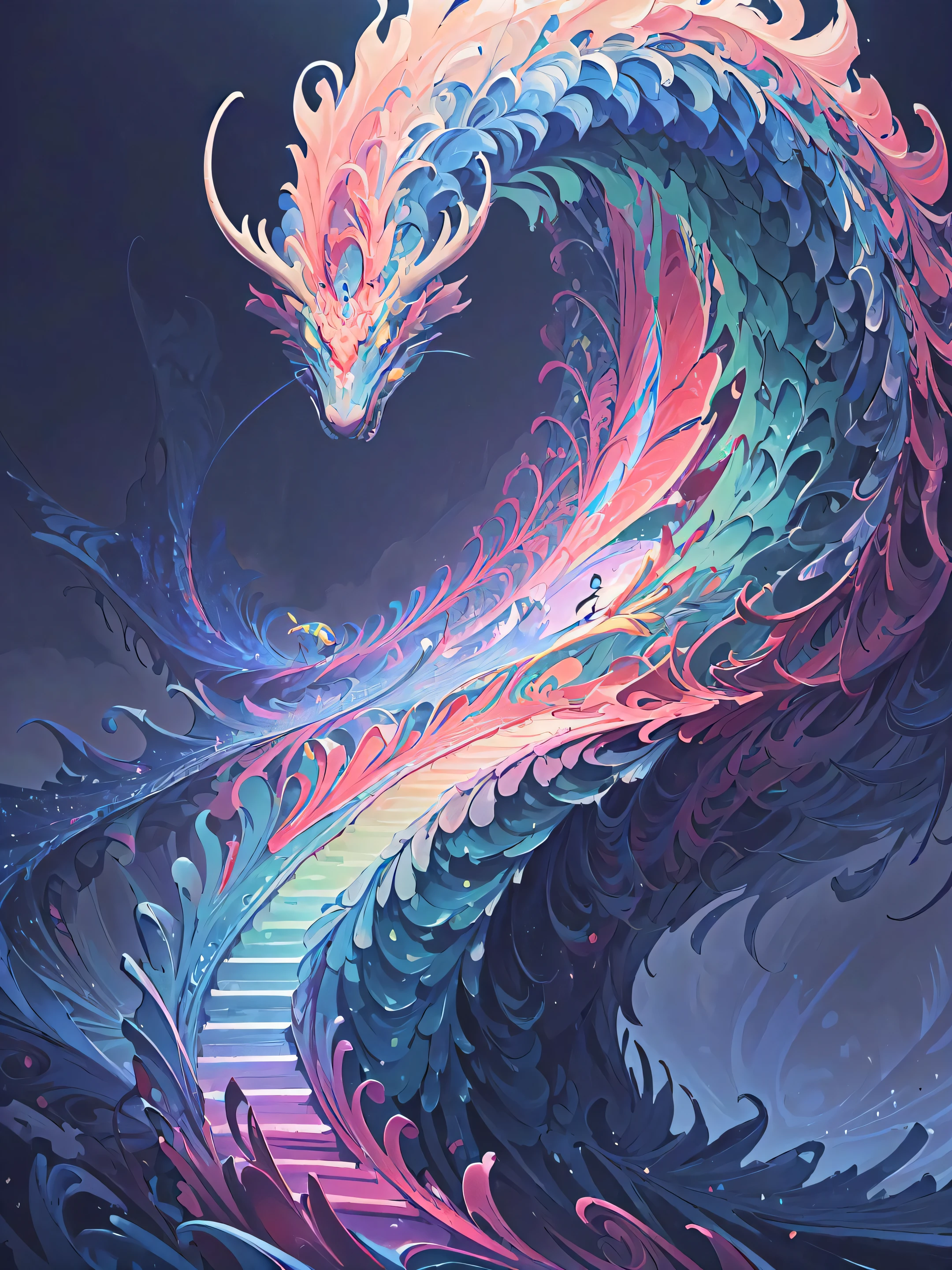 (masterpiece, top quality, best quality, official art, beautiful and aesthetic:1.2), 
(1girl:1.3), (fractal art:1.3), loong,fog,rainbow background, 
OC renderer,conceptual art,32K, ultra detail,ultra HD,