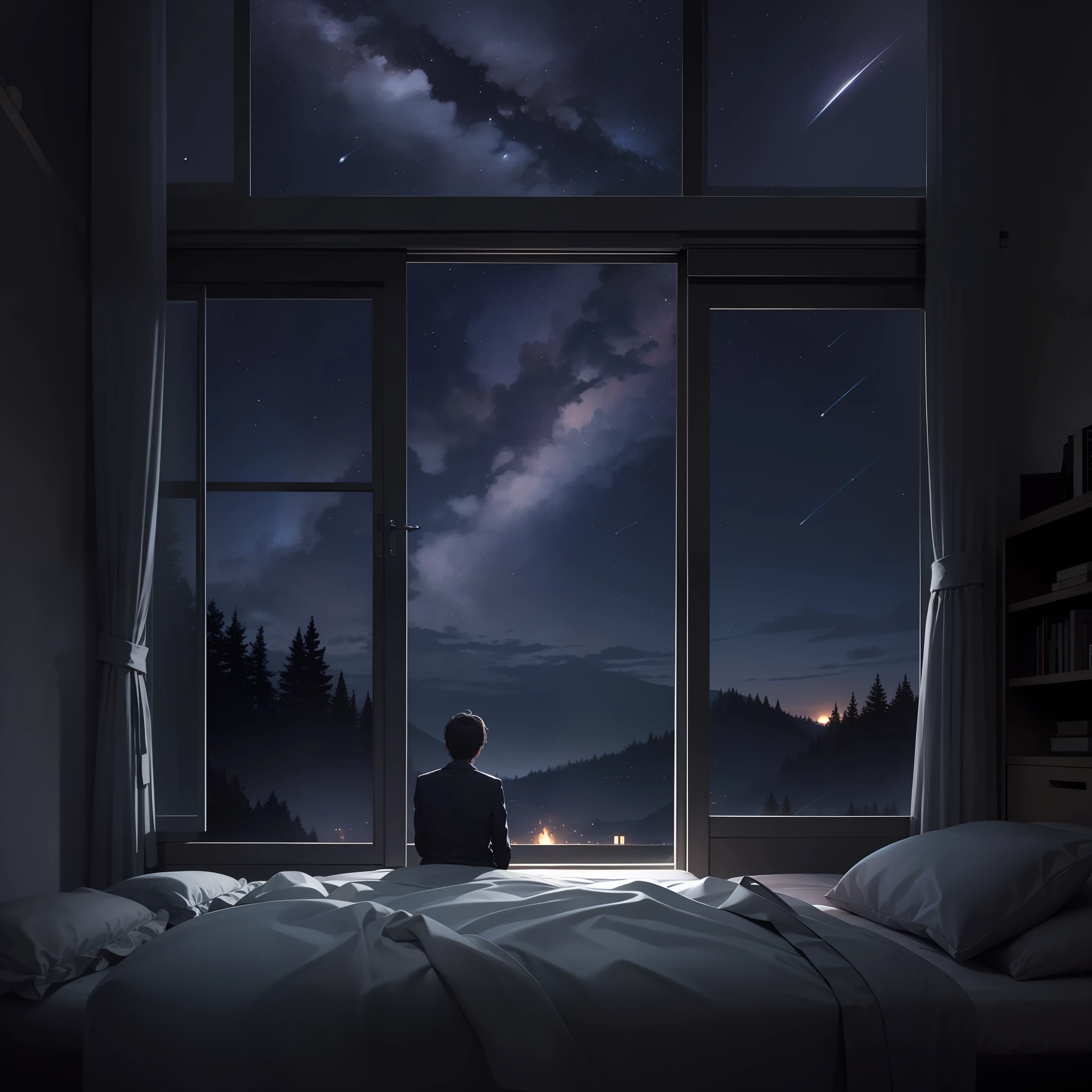 high-level image quality、4k、Room with large windows、starrysky、grand、conifer、deep in the night、darkened room、bedroom、futon bedding、kosmos、Starry sky seen from the window、Shadow of a person、One young man、silhuette、Fantastical、total darkness、dark sky、stele、The electricity is off、