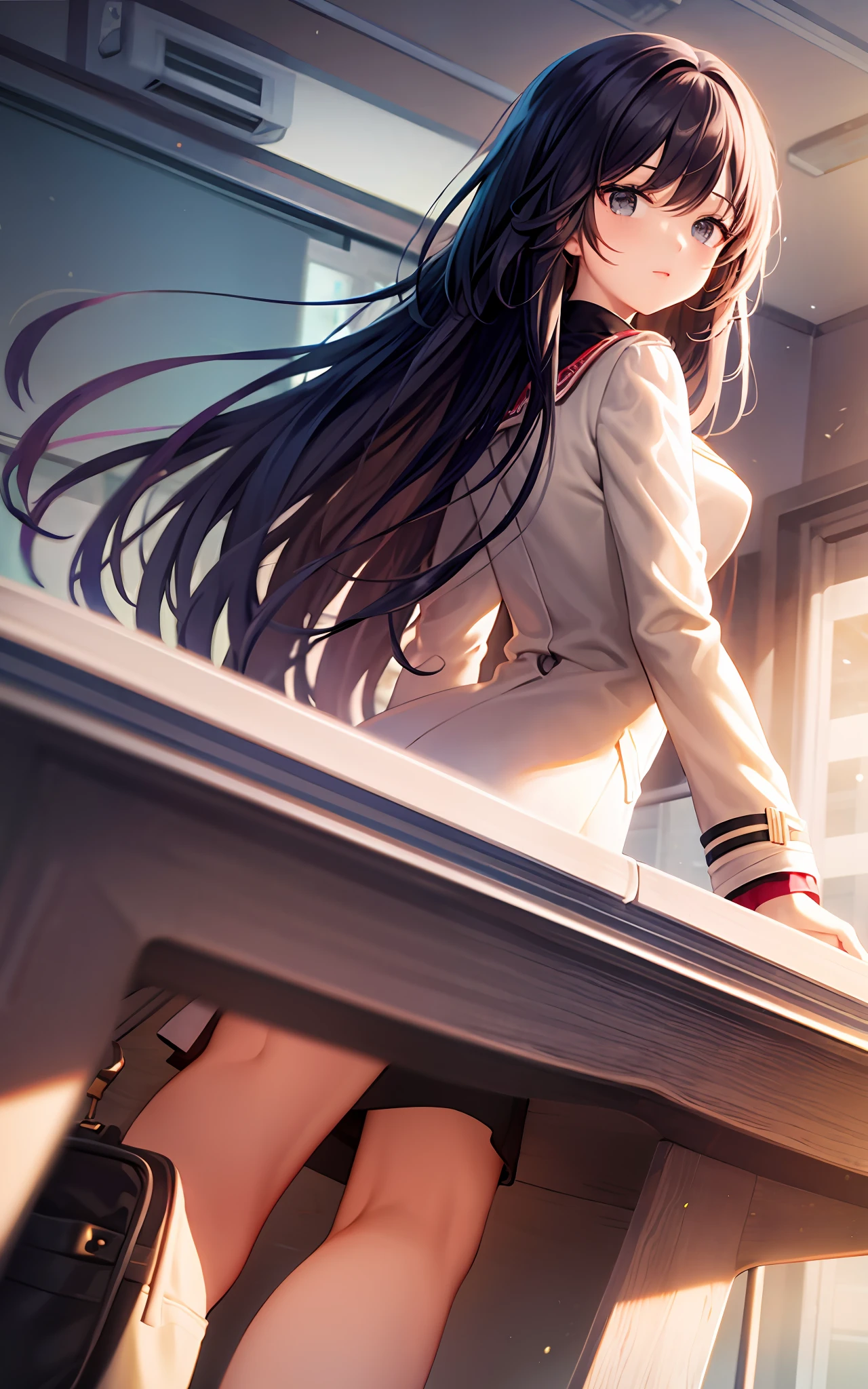 Long black hair，White trench coat，Background Classroom，Superb image quality
