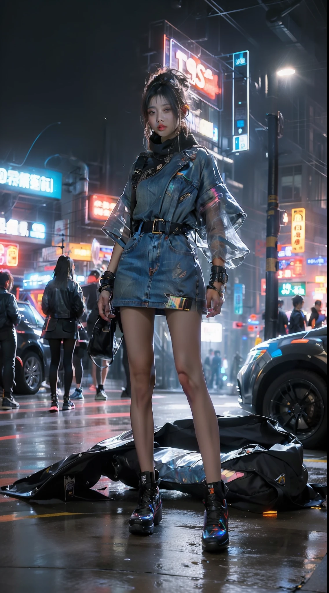 ((best images quality)), ((tmasterpiece)), ((meticuloso)), (Street fashion shooting), Girl wearing denim dress, Tanbo punk city,Highlight the punk style, downtown landscape, Futuristic, Technology elements, holographic projections, with dynamism, A fusion of fashion and technology, (Digital illustration:1.2), (真实感:1.1), (High- sharpness:1.1)