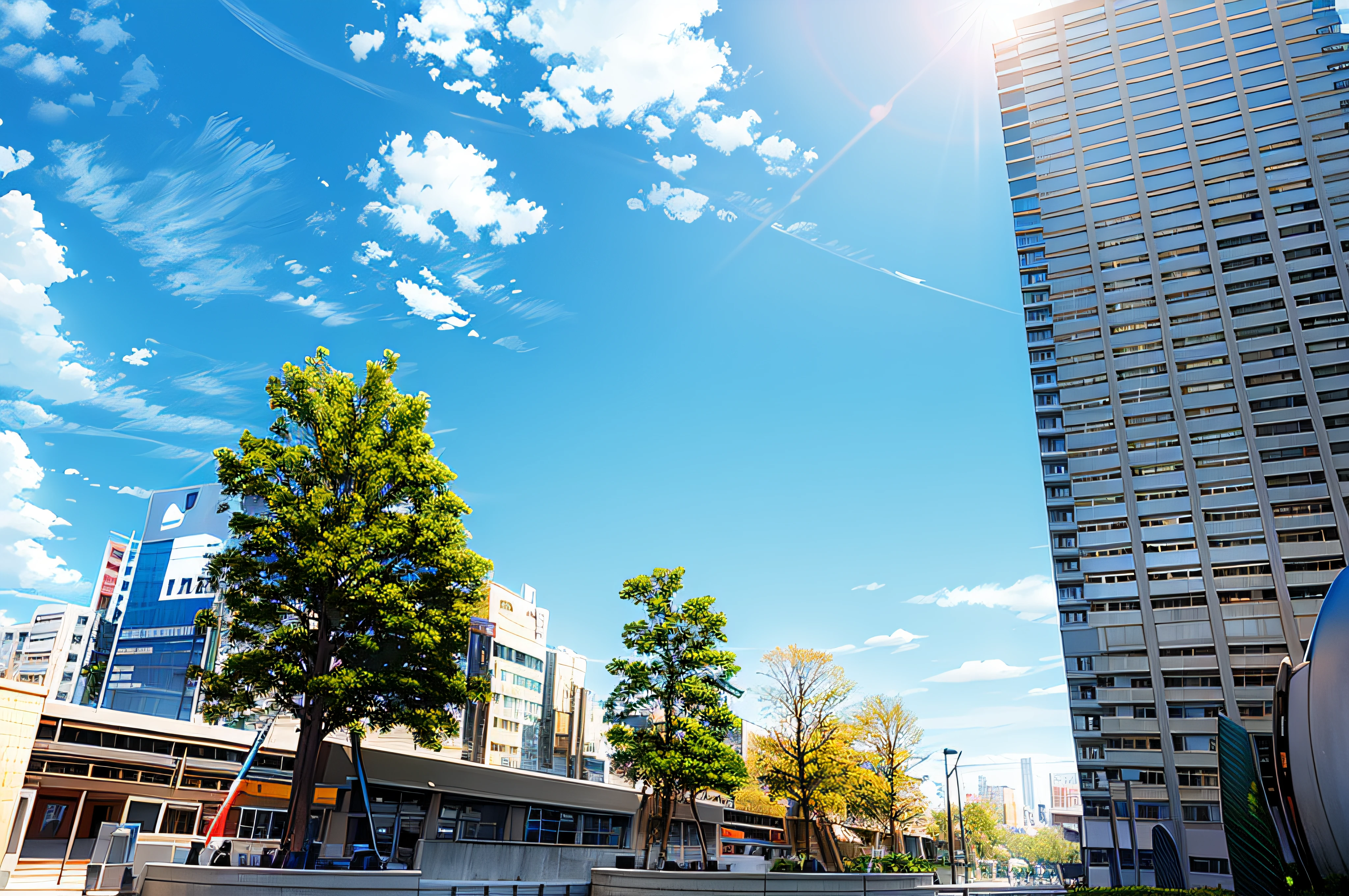 There is a big building.、There is a clock on it, Residential area, there is blue sky, japanese downtown, sunny environment, sunny day with clear sky, sky line, in a sunny day, photo taken with sony a7r, taken with sigma 2 0 mm f 1. 4, on a bright day, shinkai, the neat and dense buildings