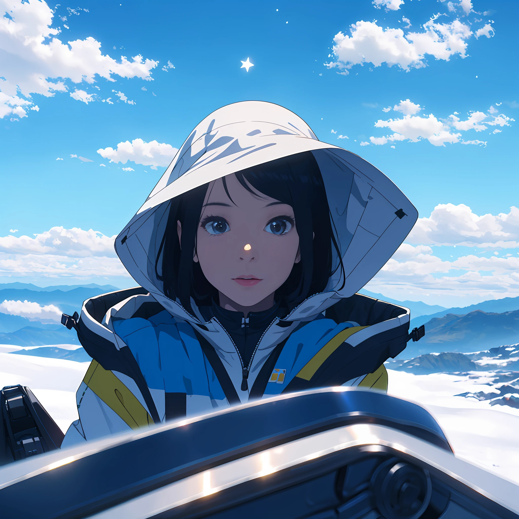 A Chinese girl with delicate facial features，Wear a tech mech，Sit sideways on the top of a high mountain，45 degrees up，The background is a vast blue sky and white clouds，Above the sky are dark cosmic stars，4K --auto