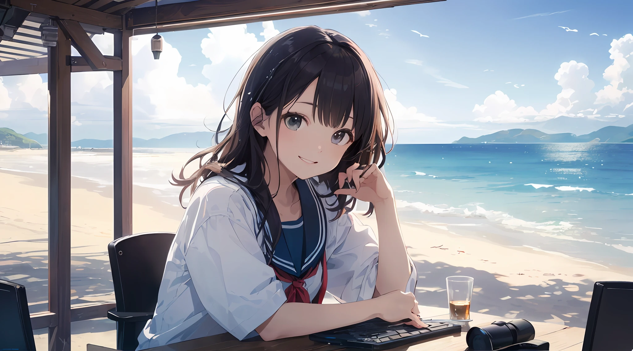 (best qualityer:1.5)、(ultra - detailed:1.5)、(Highest quality photos:1.5)、japanese school girl、Very cute、Seaside、horizon、Summer sky、beach、Solo、Beautiful girl gazing at the horizon、Hefty Smile、16:9 computer wallpapers。