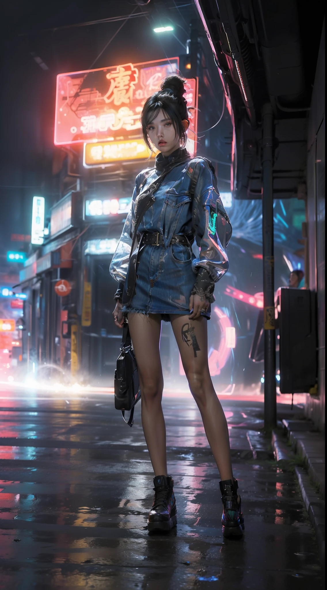 ((best images quality)), ((tmasterpiece)), ((meticuloso)), (Street fashion shooting), Girl wearing denim dress, Tanbo punk city,Highlight the punk style, downtown landscape, Futuristic, Technology elements, holographic projections, with dynamism, A fusion of fashion and technology, (Digital illustration:1.2), (真实感:1.1), (High- sharpness:1.1)