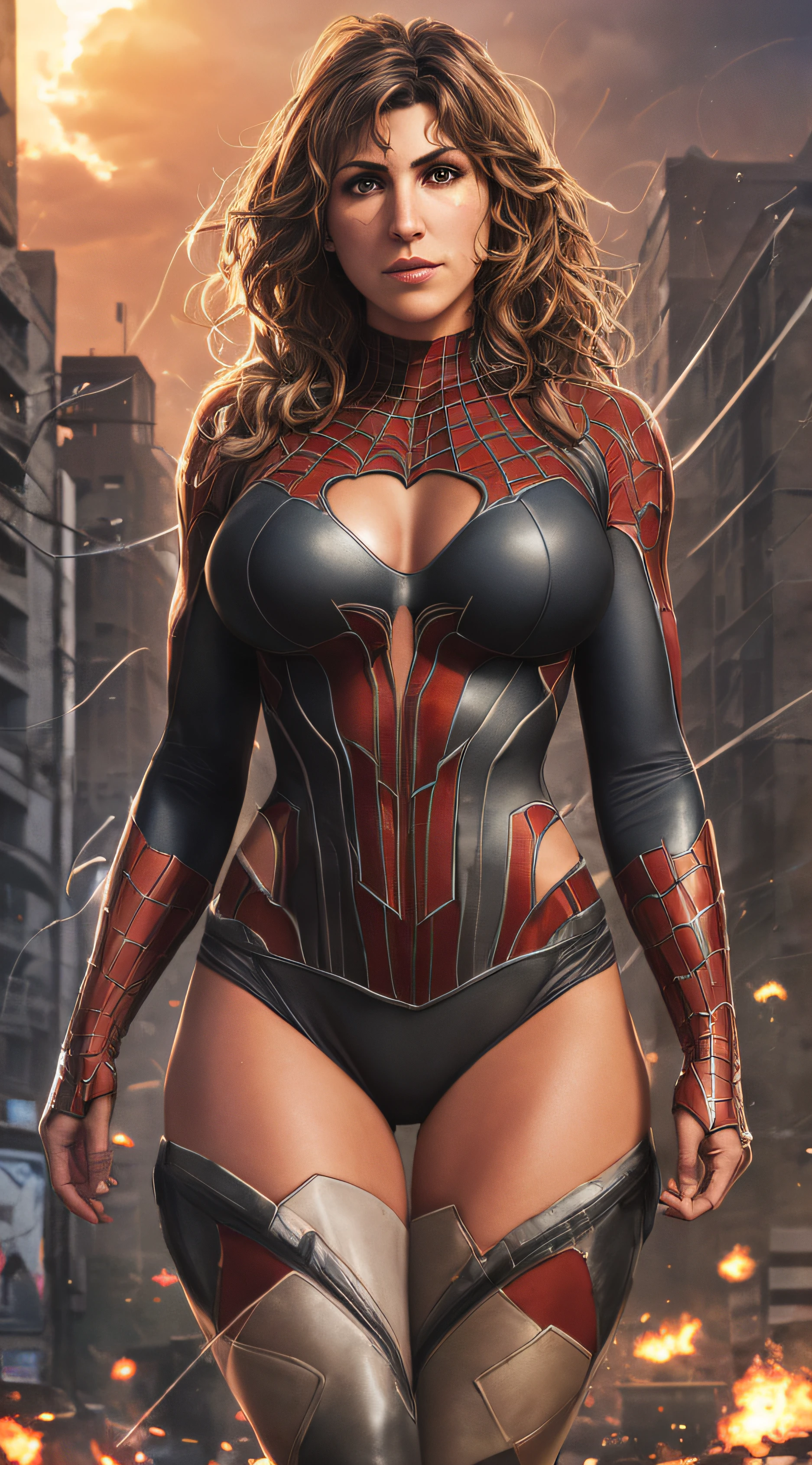 Jennifer Esposito in detailed brown Spider-Man costume, big breasts, superhero pose, standing in ruined city at sunset, hyperdetailed, smoke, sparks, sunrays, (8k), realistic, symmetrical, award-winning, cinematic lightning, drenched, film, 75mm, scratches, full body shot, close-up, torn and dirty clothes, detailed face, --auto