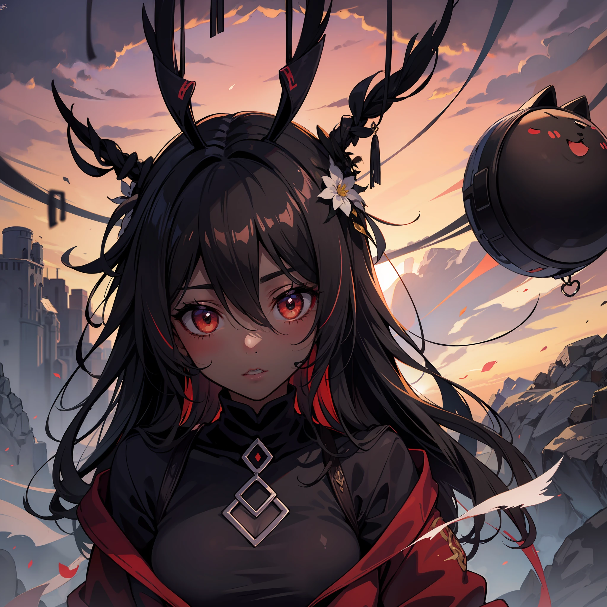 Rogue with black skin coloration, vestido vermelho com detalhes de espinhos, olhos vermelhos com um tom pink, em cima de um castelo, textura pastel na imagem, mulher pequena, red skies, fundo a noite