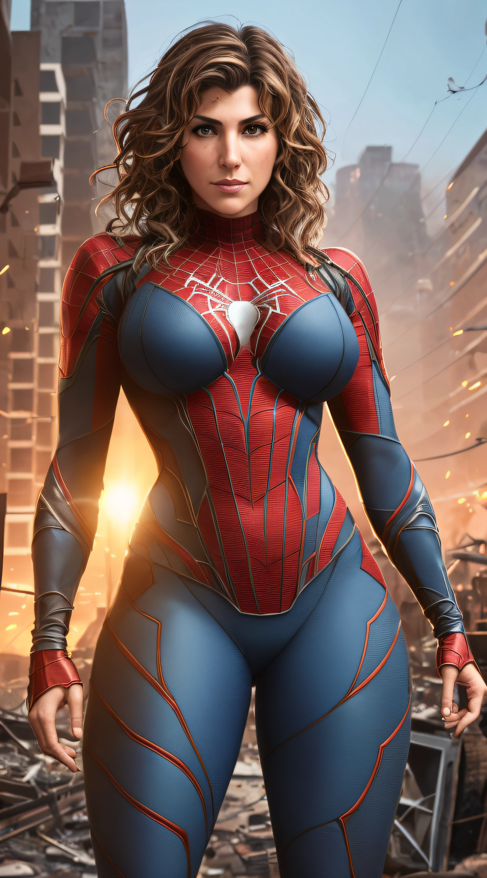 Jennifer Esposito in detailed brown Spider-Man costume, big breasts, superhero pose, standing in ruined city at sunset, hyperdetailed, smoke, sparks, sunrays, (8k), realistic, symmetrical, award-winning, cinematic lightning, drenched, film, 75mm, scratches, full body shot, close-up, torn and dirty clothes, detailed face, --auto
