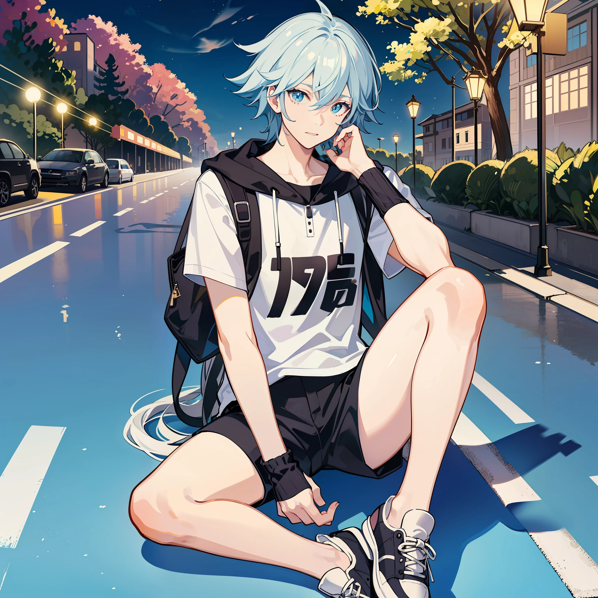 quadratic element,On college campuses,boy,White casual wear,Black sports shorts,Casual sneakers,Gradient color,Silvery hair,8K anime style,A man sits under a tree,There are lights and cats next to it,deep in the night,at the street side,tmasterpiece,best qualtiy,Ray traching