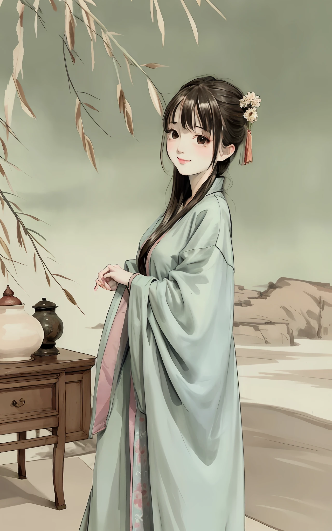 shukezouma, Negative space, , shuimobysim , Portrait of a woman standing , Willow branches, (Masterpiece, Best quality:1.2), Traditional Chinese Ink Painting, ModelShoot style, Peaceful, (Smile), view the viewer, wearing long hanfu, Hanfu, Song, Willow tree in background, wuchangshuo,
