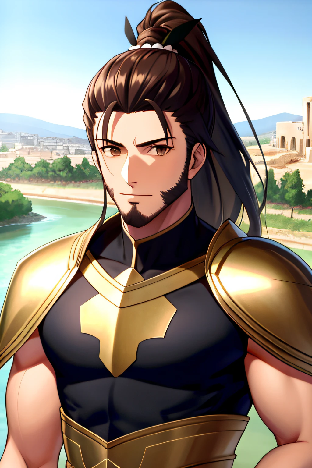 (Masterpiece: 1.4), (Best Quality: 1.4), 1child, Alone, (Sieg\(fate\):1.2), wavy brown hair tied into a ponytail, two long fringes of hair fall on either side of his face, short beard, European features. ((European Facial Features)), Caucasian, brown eyes, Male, Israelite Clothing ((Ancient Israelite Clothing)), Muscular, broad shoulders, prominent pectorals and abs, ((Ancient Israelite Armor)), Bronze Armor (((Clothes traditional israeli))) River in the background, midday sky, facing viewer, upper body, ancient israeli city, clear sky, anime style, Type-moon style