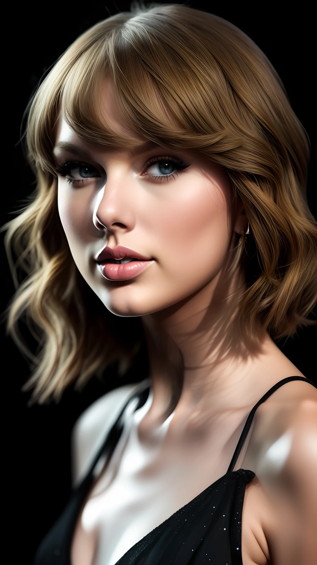 Make an ultra realistic photographic portrait of taylor swift black background