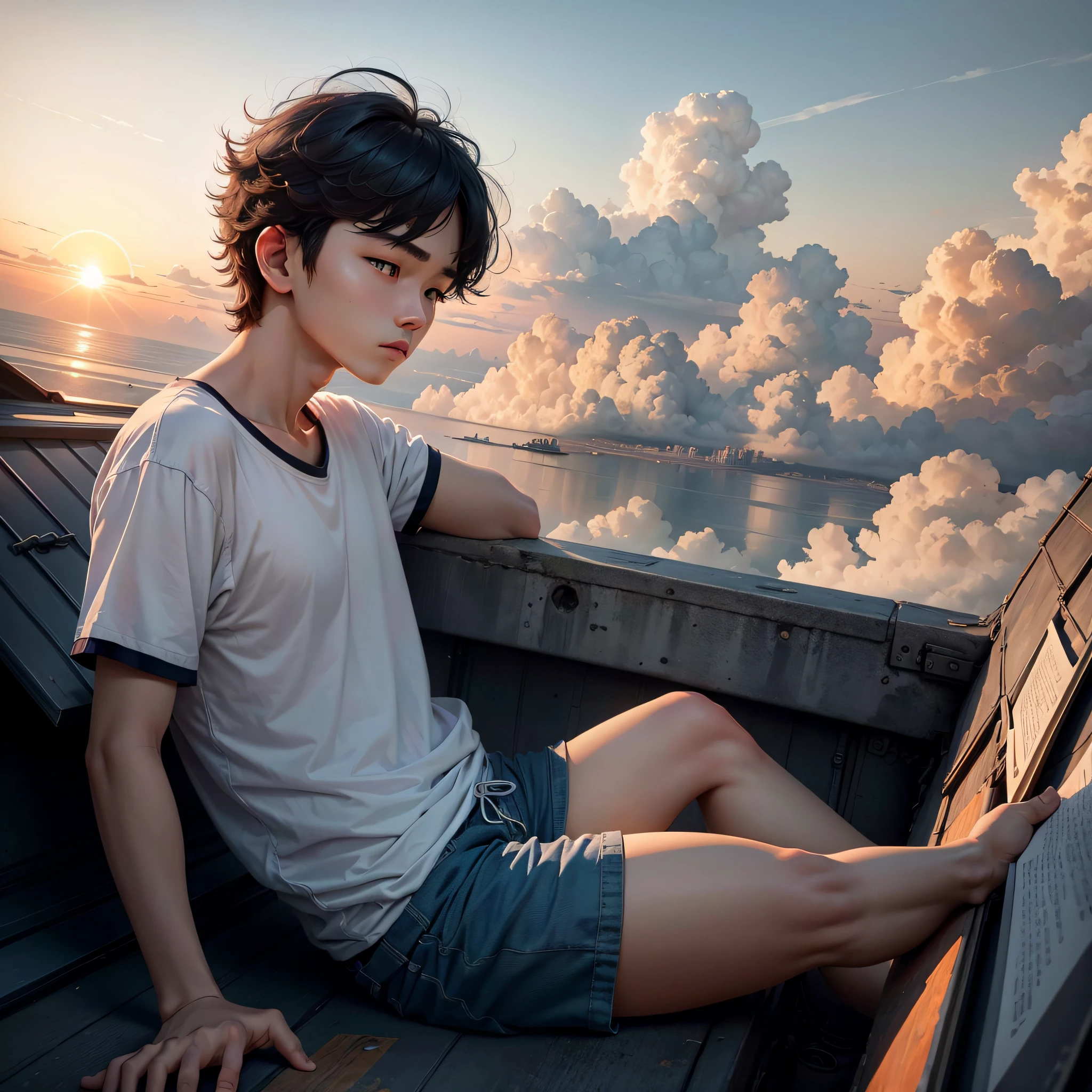 Under the setting sun，The teenager lay on the roof，A gentle breeze ruffled his hair，He looked up at the clouds in the west。 --auto