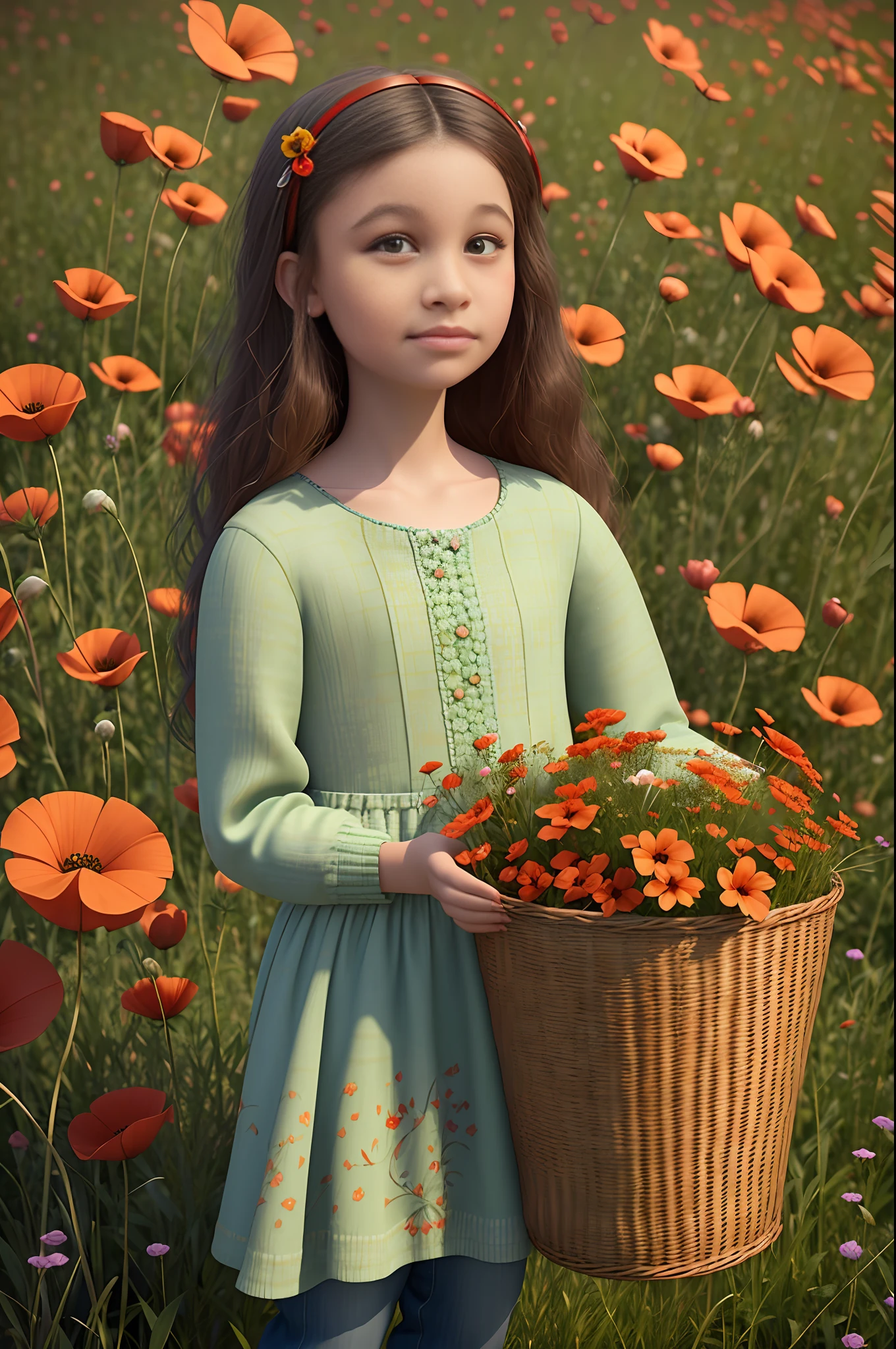 (pixarstyle:1.25) a waist-length portrait of a little girl with a basket of flowers, overgrown with poppy flower, natural skin texture, 4k textures, hdr, intricate, highly detailed, sharp focus, cinematic look, hyperdetailed