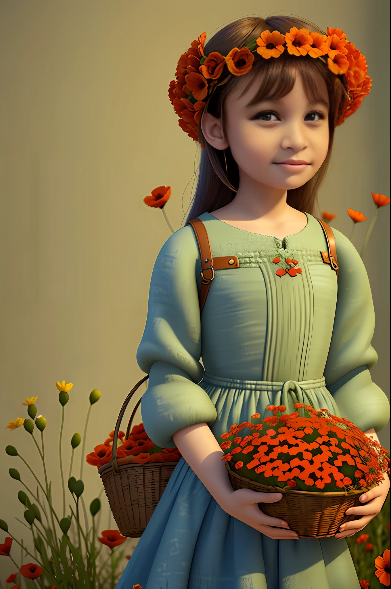 (pixarstyle:1.25) a waist-length portrait of a little girl with a basket of flowers, overgrown with poppy flower, natural skin texture, 4k textures, hdr, intricate, highly detailed, sharp focus, cinematic look, hyperdetailed