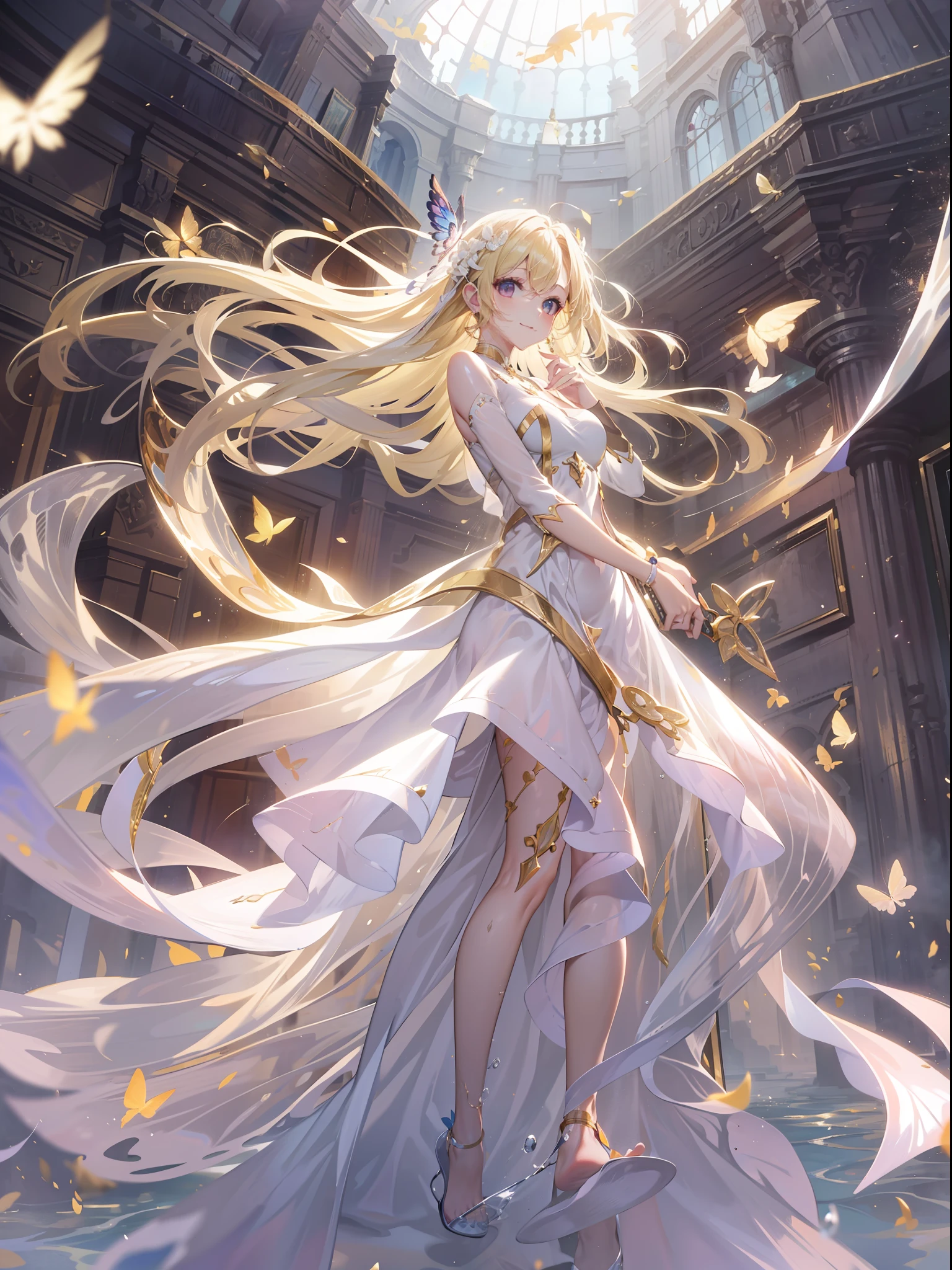 angel, super beautiful, colorful splashing, hiten, clear and beautiful, mysterious, beautifully painted, female, very long hair, bangs, floating hair, blonde hair, hair fluttering in the wind, delicate beautiful face, light smile, bright skin, white dress with gold decoration, Floating light spot, beautiful and clear background, Absurd, very fine 8K CG wallpaper, absurdres, highres, masterpiece:1.4, best quality:1.2