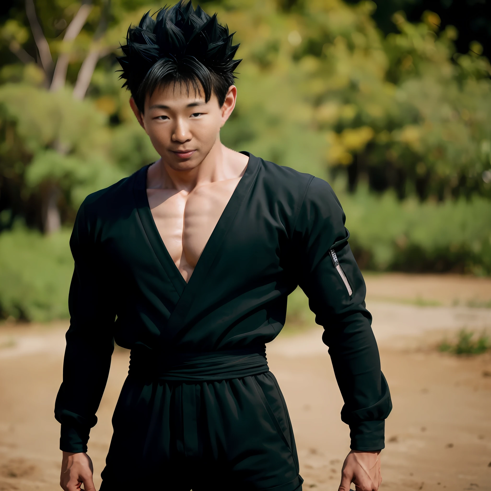 There was a man in a black shirt and shorts standing on a dirt road, photorealistic human goku, human goku, character dragonball, goku in real life, wild spiky black saiyan hair, goku as an asian man, posing as a jojo character, yasuke 5 0 0 px models, Portrait shooting, handsome japanese demon boy, samurai flight suit