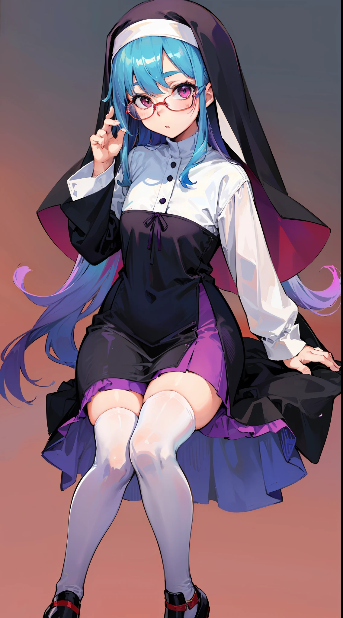 (s girl,人物,校服,Gradient Long Hair+lightblue hair+Purple hair ends+Red Half-rimmed Glasses+Purple eye:1.2,Nun dress,White over-the-knee stockings, Expressions are confident and static)