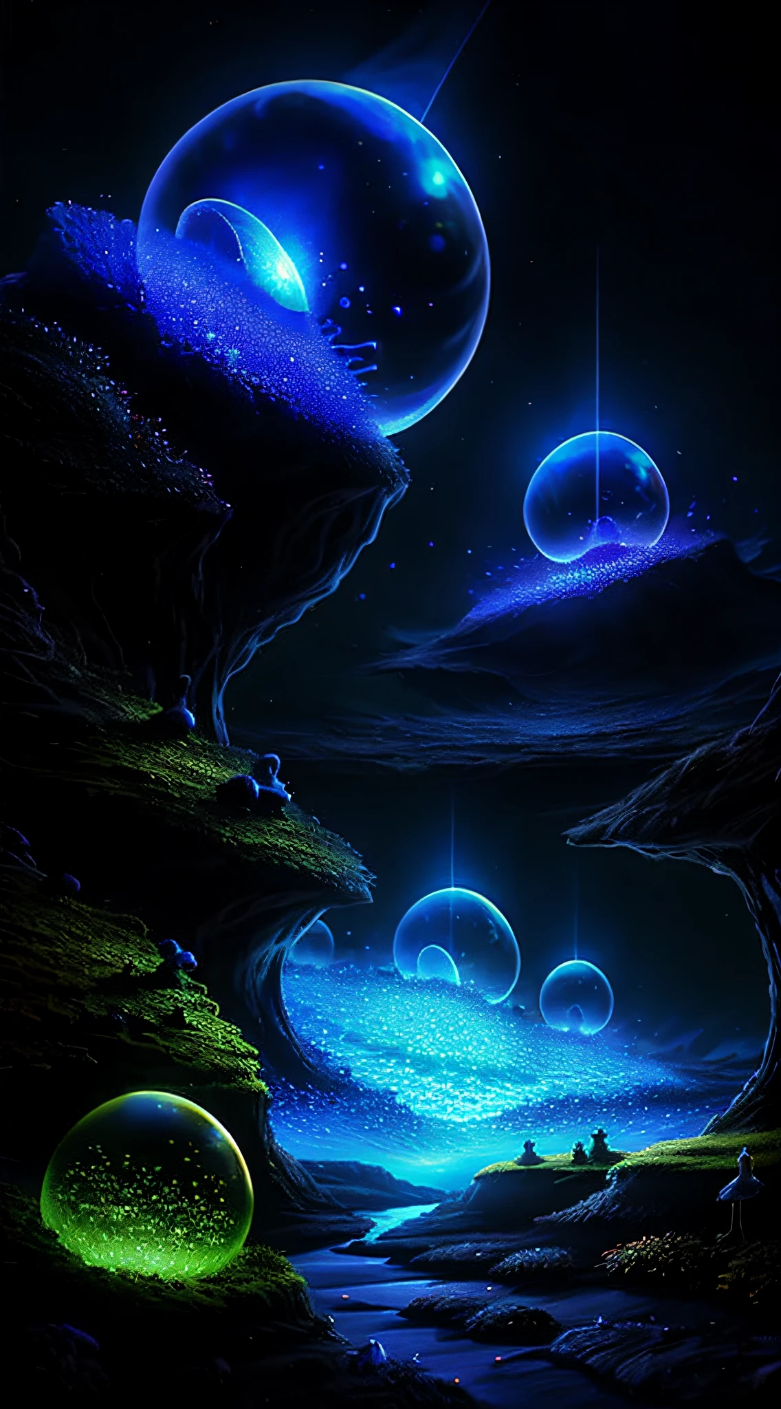 Cute anthill,It is covered with moss and cute glowing ants,Made of sand,Blue Higan flowers bloom,Transparent fog,The hemispherical shape looks down from the sky,fanciful,Artistically,ultraclear,Hyper-detailing,8K