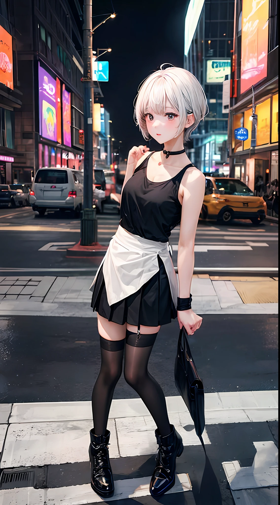 1 beautiful tomboy girl with small breast and Ted white hair, short hair, short skirt, black short stocking, black tank top,tuning
pose,full body, background on city,night,run on sidewalk,