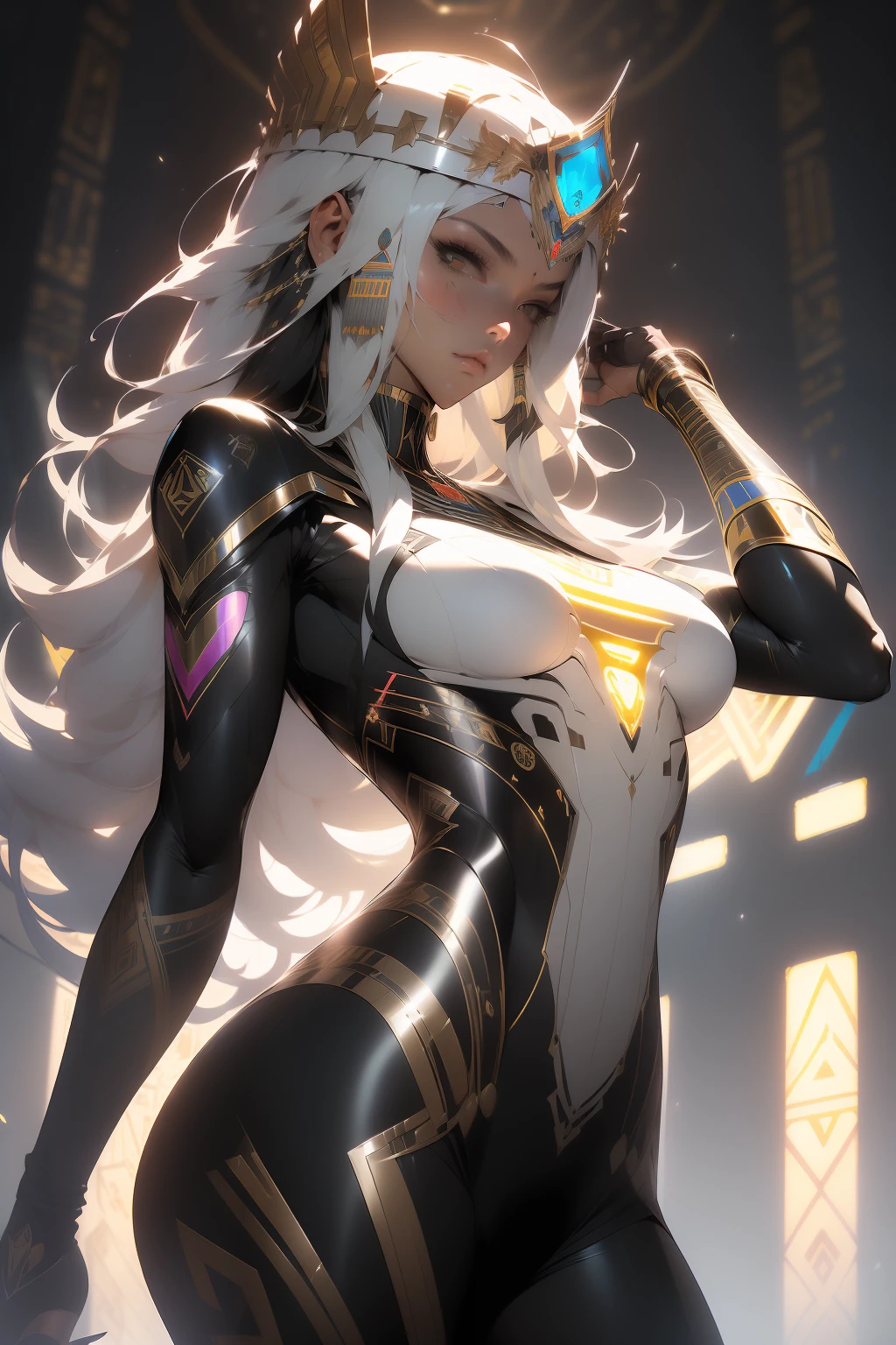 ((Melhor qualidade)), ((obra-prima)), (detalhado: 1.4), crysis nanosuit, queixo quadrado, arte no estilo de Guweiz, Guweiz, bela pintura de personagens, Guweiz em Artstation Pixiv, Guweiz em Pixiv ArtStation, bela arte digital, Wlop Rossdraws, obra-prima Guweiz, (Absurdo), Thin woman airplane pilot, Egyptian ready for war, corpo perfeito, pele escura, Tutankhamun masks, (((Hemhem crown on head, Estilo de um triplo Atef))), (((Khat))), (((Defined muscles, coxas nuas, boca fechada, Muscular body covered in technological clothing, estilo Neon Genesis Evangelion, cyberpunk, ((Esfinge)), (Cleopatra), head covered by an Egyptian ornament in the shape of a golden eagle wing, ((perfect medium breasts)), (olhos brancos sem pupilas), ((roupa preta, prata e vermelha)), (((cabelo liso preto longo com franja pesada na testa))), (Egyptian ornaments), ((hieroglyphics on the arms)), short underwear, cinta liga, por mucha, niji --V5, close to the real, psicopata, cara de louca, pose sexy, fundo com a uma esfinge, clothing 2 pieces, pastel, centralizada, scale to fit dimensions, HDR (High Dynamic Range),Ray Tracing,NVIDIA RTX,Super-Resolution,Unreal 5,Subsurface dispersão, Textura PBR, Post-processing, anisotropic filtering, Profundidade de campo, Maximum clarity and sharpness, Texturas multicamada, Albedo e mapas especulares, surface shading, Accurate simulation of light-material interaction, perfectly proportions, Octane Render, Two-tone lighting, Ampla abertura, Baixo ISO, white-balance, thirds rule, 8K RAW