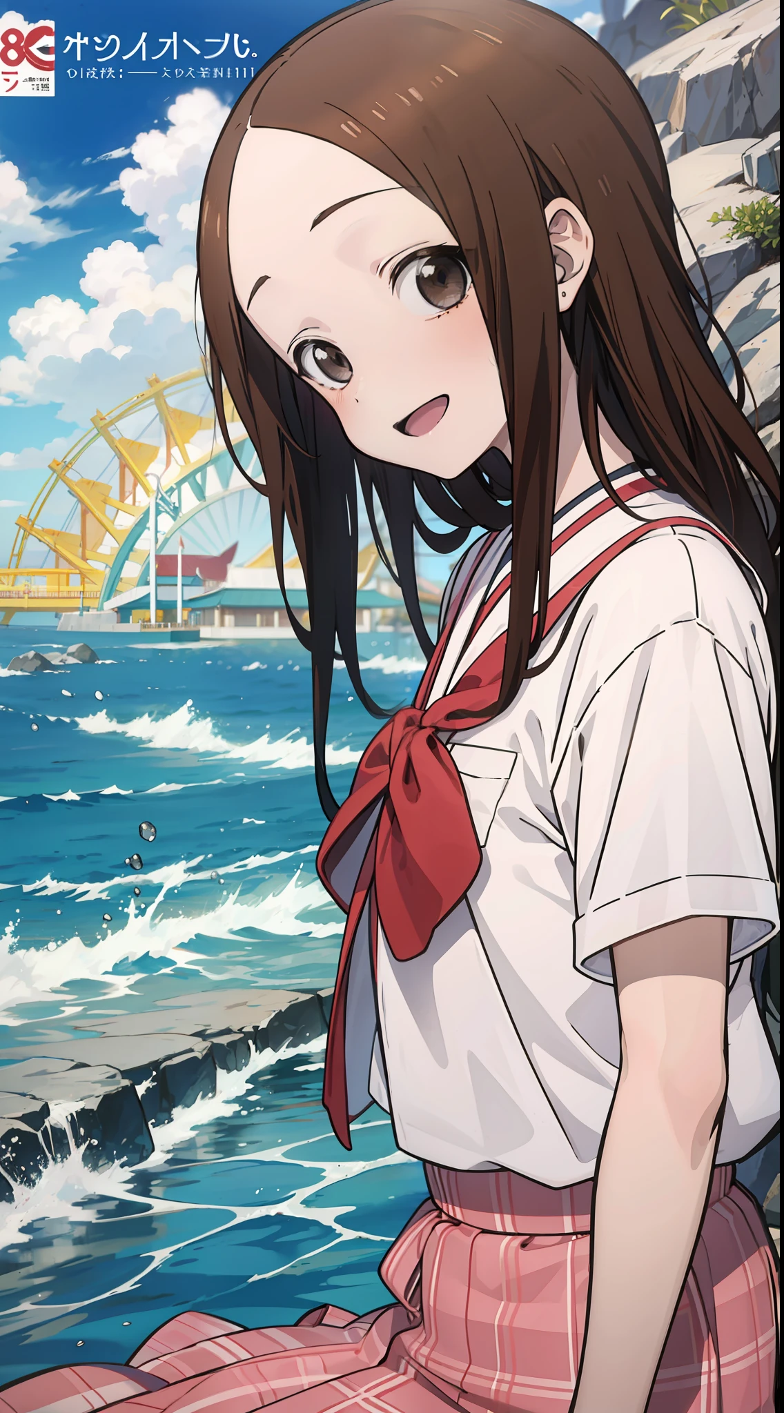 Takagi-san，校服，White shirt，Late hand，Sick expression，ssmile，Ocean park，With a hint of life，Ocean park，Comic cover style，Comic cover title,8K