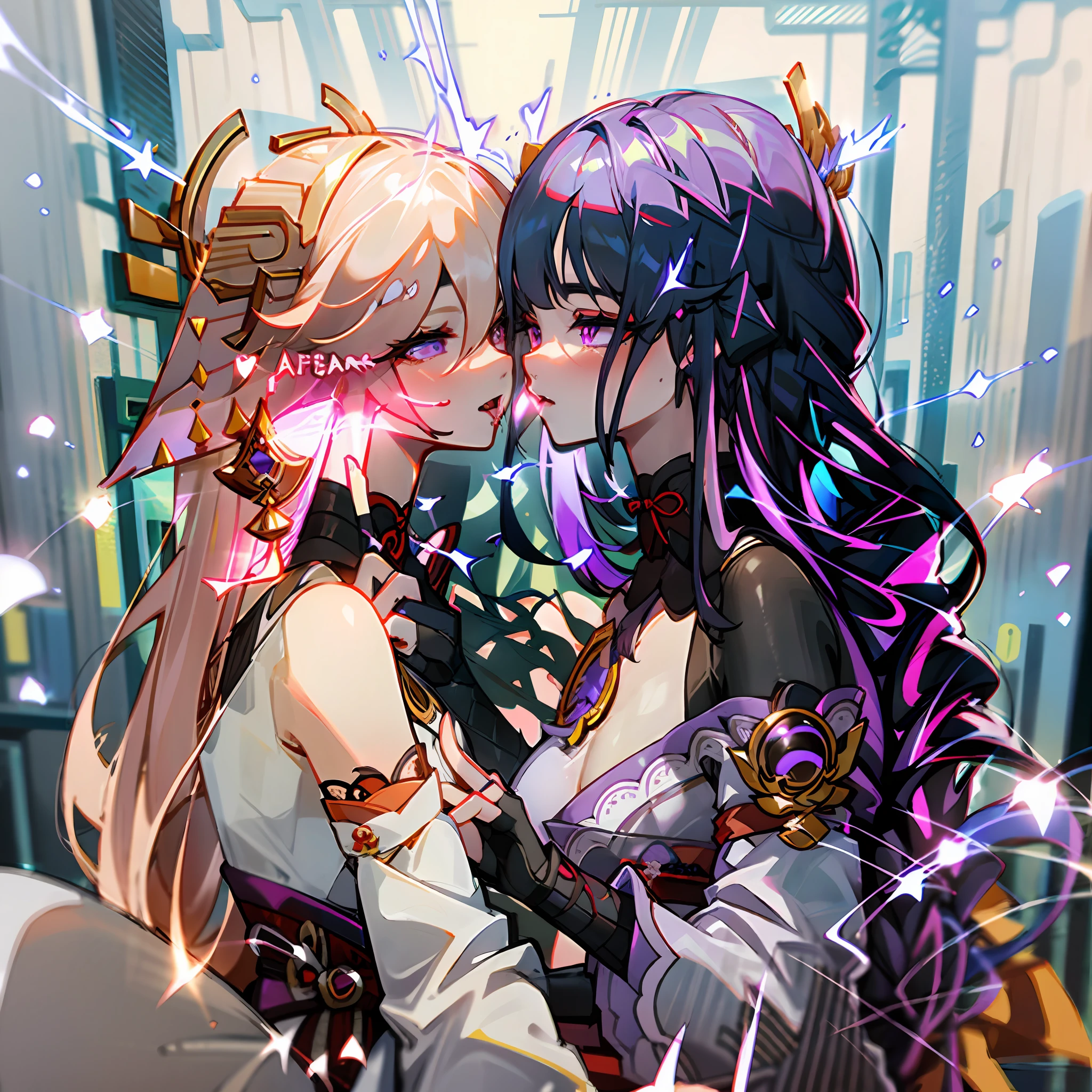 Pareja de anime(Yae Miko and Raiden Shogun)kissing each other, kissing together cutely,dejando caer saliva de sus bocas Genshin, Tendencias en ArtStation Pixiv, Dos hermosas chicas de anime,beso,besandose,Mirandose,pasion, Varias chicas, 2girls, Yae Miko, Raiden Shogun.