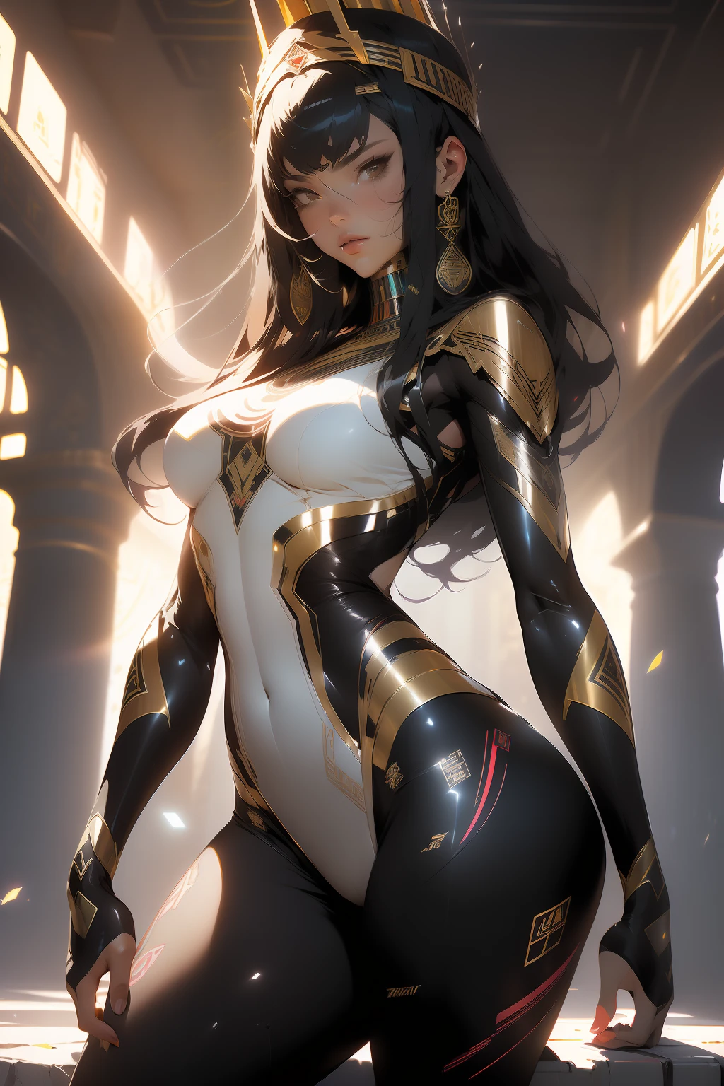 ((Melhor qualidade)), ((obra-prima)), (detalhado: 1.4), crysis nanosuit, queixo quadrado, arte no estilo de Guweiz, Guweiz, bela pintura de personagens, Guweiz em Artstation Pixiv, Guweiz em Pixiv ArtStation, bela arte digital, Wlop Rossdraws, obra-prima Guweiz, (Absurdo), Thin woman airplane pilot, Egyptian ready for war, corpo perfeito, pele escura, Tutankhamun masks, (((Hemhem crown on head, Estilo de um triplo Atef))), (((Khat))), (((Defined muscles, coxas nuas, boca fechada, Muscular body covered in technological clothing, estilo Neon Genesis Evangelion, cyberpunk, ((Esfinge)), (Cleopatra), head covered by an Egyptian ornament in the shape of a golden eagle wing, ((perfect medium breasts)), (olhos brancos sem pupilas), ((roupa preta, prata e vermelha)), (((cabelo liso preto longo com franja pesada na testa))), (Egyptian ornaments), ((hieroglyphics on the arms)), short underwear, cinta liga, por mucha, niji --V5, close to the real, psicopata, cara de louca, pose sexy, fundo com a uma esfinge, clothing 2 pieces, pastel, centralizada, scale to fit dimensions, HDR (High Dynamic Range),Ray Tracing,NVIDIA RTX,Super-Resolution,Unreal 5,Subsurface dispersão, Textura PBR, Post-processing, anisotropic filtering, Profundidade de campo, Maximum clarity and sharpness, Texturas multicamada, Albedo e mapas especulares, surface shading, Accurate simulation of light-material interaction, perfectly proportions, Octane Render, Two-tone lighting, Ampla abertura, Baixo ISO, white-balance, thirds rule, 8K RAW