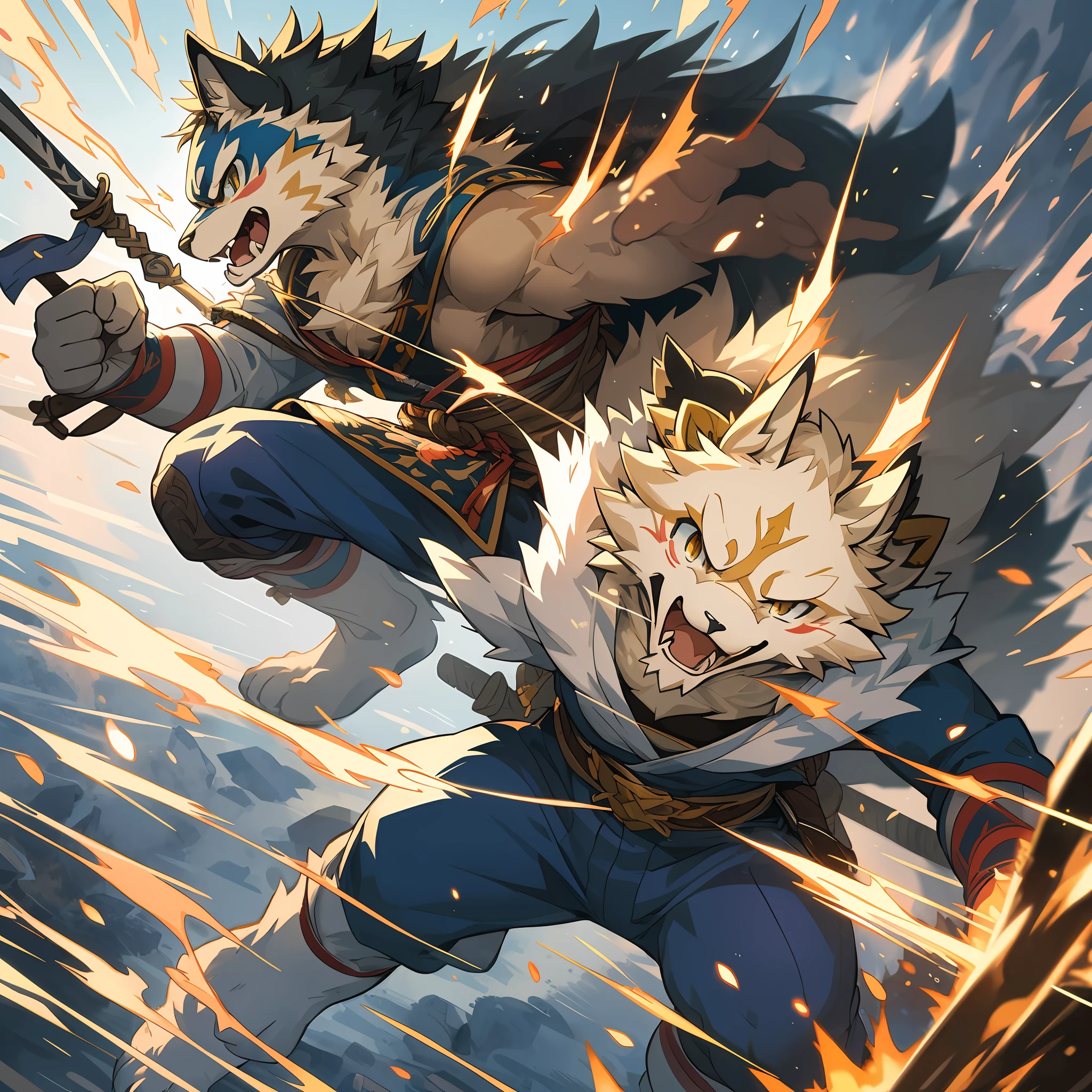 top quality, high-quality illustrations((masterpiece))depth of field, motion blur, absurdres, Perfect Anatomy, magnificent picture of kemono fighting fierce battles, kemono, 1boy, solo focus, Anthro((dramatic))epic, weapon, dynamic pose, One scene of movie,