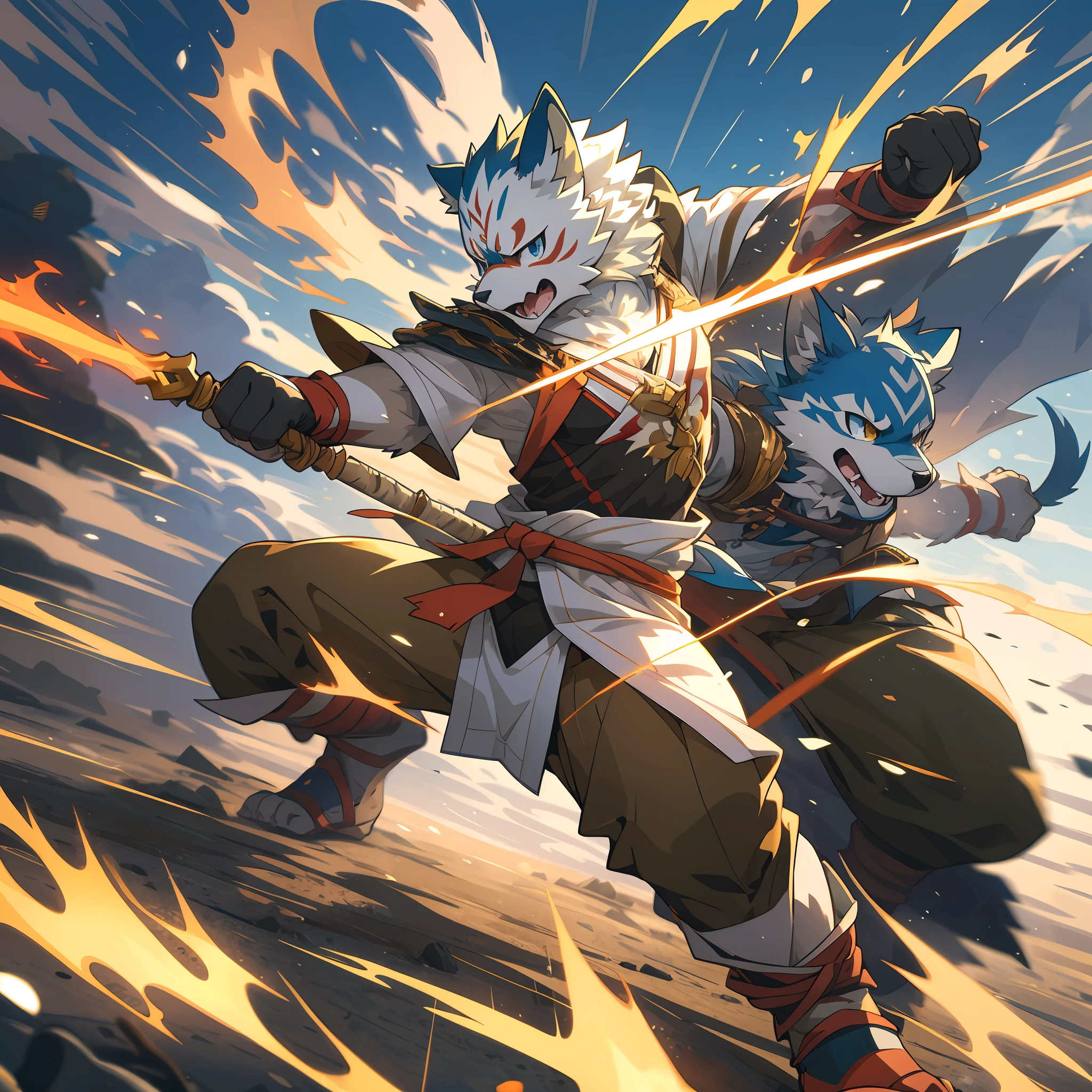 top quality, high-quality illustrations((masterpiece))depth of field, motion blur, absurdres, Perfect Anatomy, magnificent picture of kemono fighting fierce battles, kemono, 1boy, solo focus, Anthro((dramatic))epic, weapon, dynamic pose, One scene of movie,