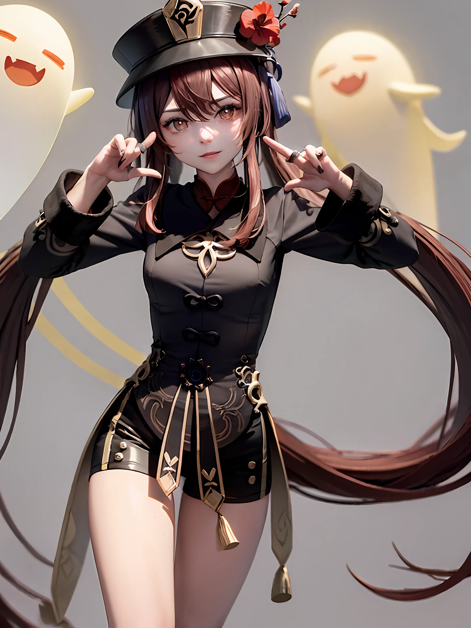 flower, Red_flower, Solo, Hat, Long_Hair,Hu Hutao \(Genshin Impact\),Mature female, Looking_at_peeping at the viewer, The upper part of the body_Body, Chinese_clothes, 1girll, Hat_flower, brown_Hair,Closed_Mouth, hibiscus, Red_Rose, spider_Lily, bangs,kbxll,heart shaped hand
