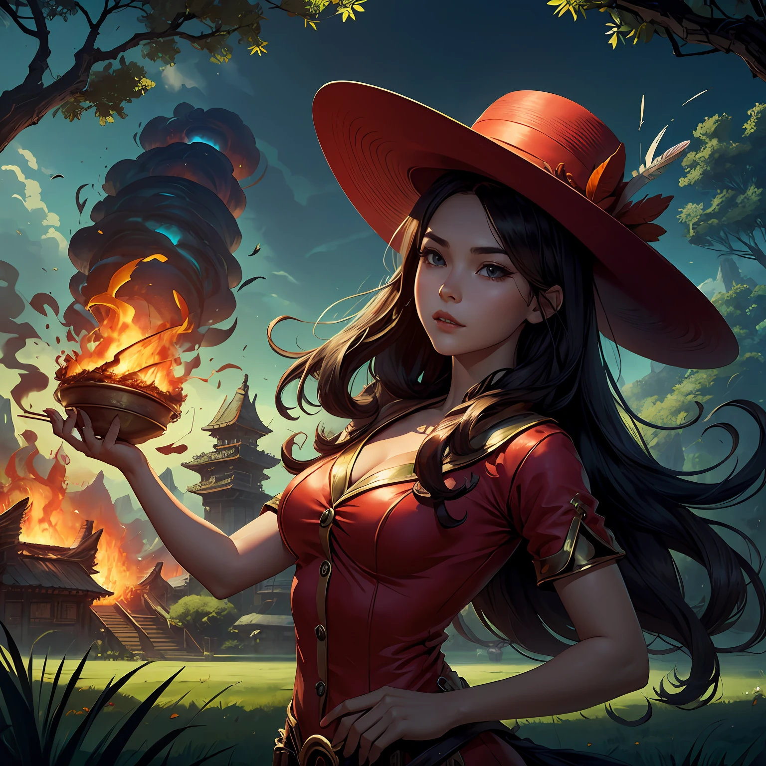 chiquita,adolable,for ,magestic,Fire attribute,Wear red clothes,vivaciousness,quadratic element,Wearing a big hat,There are feathers on the hat,Lucky grass,whaite hair。 --auto