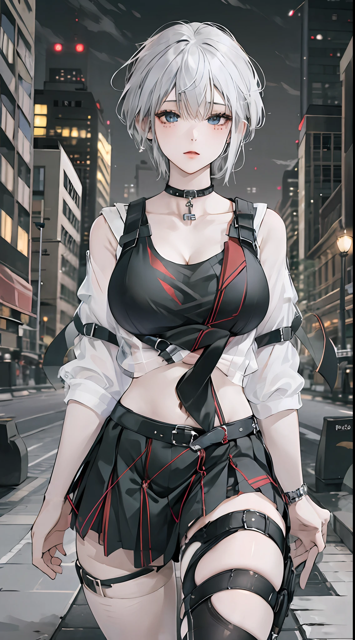 1 beautiful tomboy girl with big breast and Ted white hair, short skirt, black short stocking, black tank top,tuning
 pose,full body, background on city,night,run on sidewalk,