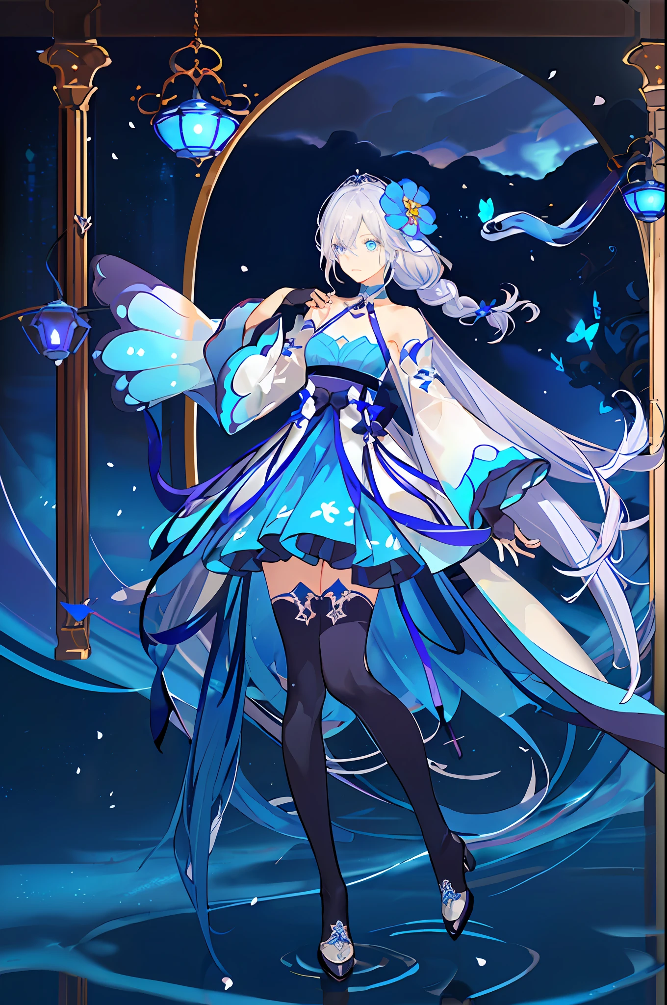 (down view),Dynamic Angle,Ultra-detailed, illustration, Close-up, straight on, 1girll, (fantasy:1.4), (azureblueeyes:1.233),Her eyes shone like dreamy stars,(Glowing eyes:1.233),(Beautiful and detailed eyes:1.1),(Silver hair:1.14),(Messy hair,Very long hair,french braid,hair between eye,side locks), (+(bule hair flower:1.14)),(Chiffon dress,bule flower pattern in uniform)/=(army suit:1.24),(Detached sleeves,Wide sleeves),(Fingerless gloves),choker necklace,(miko thighhighs),high heels boots,(Expressionless,Closed mouth),(standing), (classical Princess boudoir with dressing tableand french windowin a white ancient palaces),(White flowers,full bloom),(abyssal),(Flowing water),(a dull blue world tree:1.14),(废墟),(Night:1.2),Dreamy,soul,(Fluorescence),(flying translucent blue butterflies:1.15), [[Delicate fingers and hands:0.55]::0.85],(Detail fingers),(yubao:0.5),Upper body,