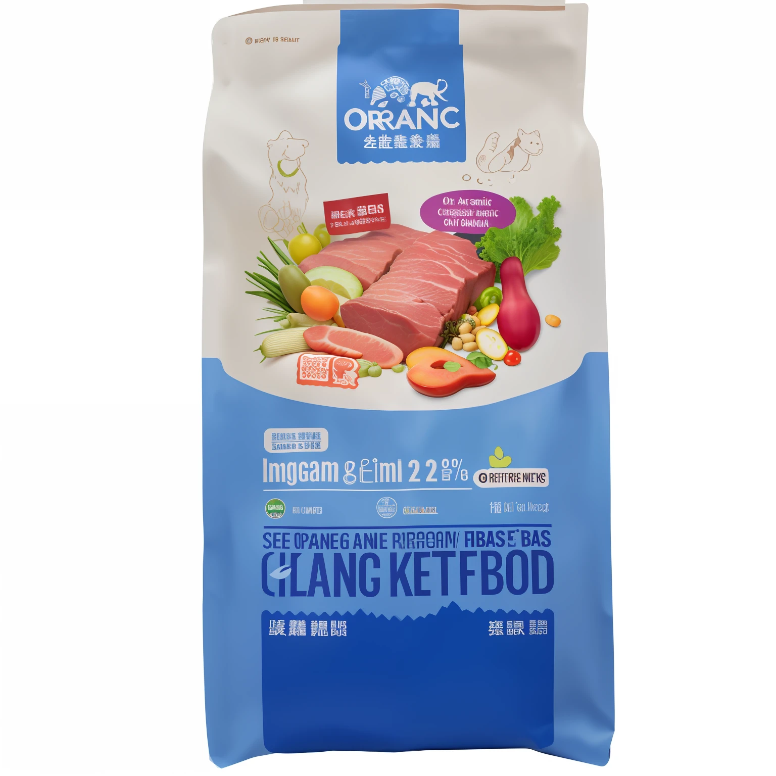 Close-up of a bag of food,There is meat and vegetables inside, pet animal, new design, Official product image, Organic, Official product image, author:Liang Kai, Product photo, "organic, Inspired by Kaigao Leung" High-end brand pet food