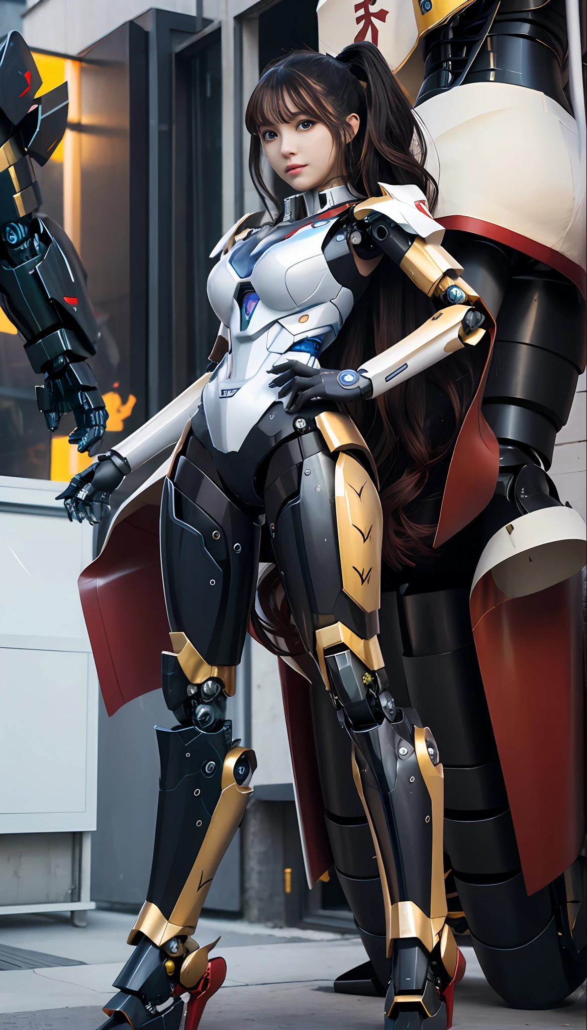 Anime girl in futuristic suit standing in front of a giant robot, girl in mecha cyber armor, cyberpunk anime girl mech, Mecha suit, female mecha, anime robotic mixed with organic, anime mecha aesthetic, Beautiful robot character design, Mechanized Valkyrie girl, symetry! futuristic robotic, wojtek fus, perfect anime cyborg woman, mecha asthetic