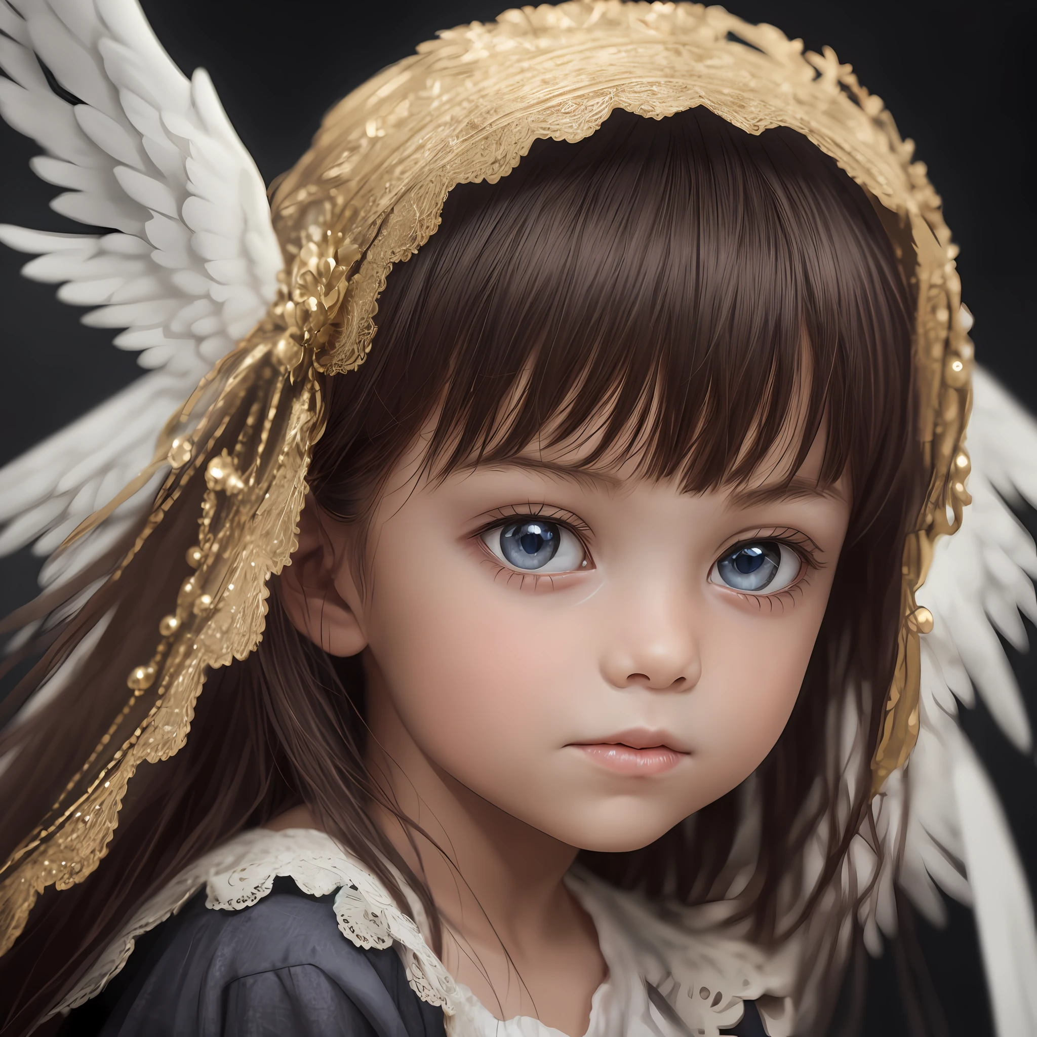 Ultra Realistic Photo, RAW photogr, 1child, Gorgeous 9 year old kid on dark background, Angelic costumes, Gorgeous face, Normal eyes, Caricature, Detailed face --auto --s2