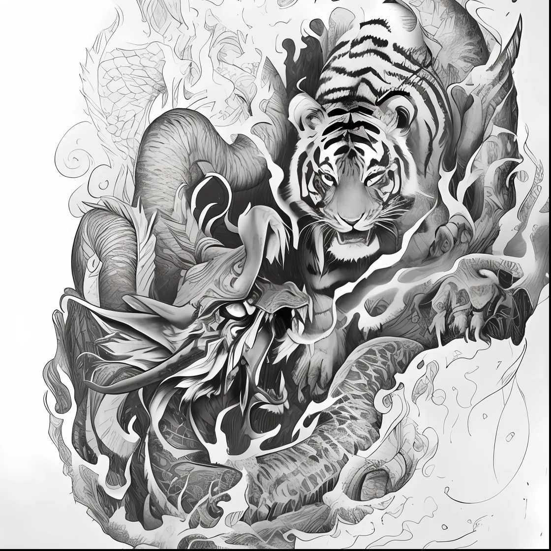 tattoo art of a tiger and a dragon in a dragon's body, insanely detailed linework, extremely detailed linework, highly detailed drawing, high detailed drawing, highly detailed linework, intricate ink drawing, intricate ink illustration, bold intricate ink illustration, highly detailed sketch, intricate detail drawing, detailed linework, detailed 4 k drawing, highly detailed ink illustration Geral futurist