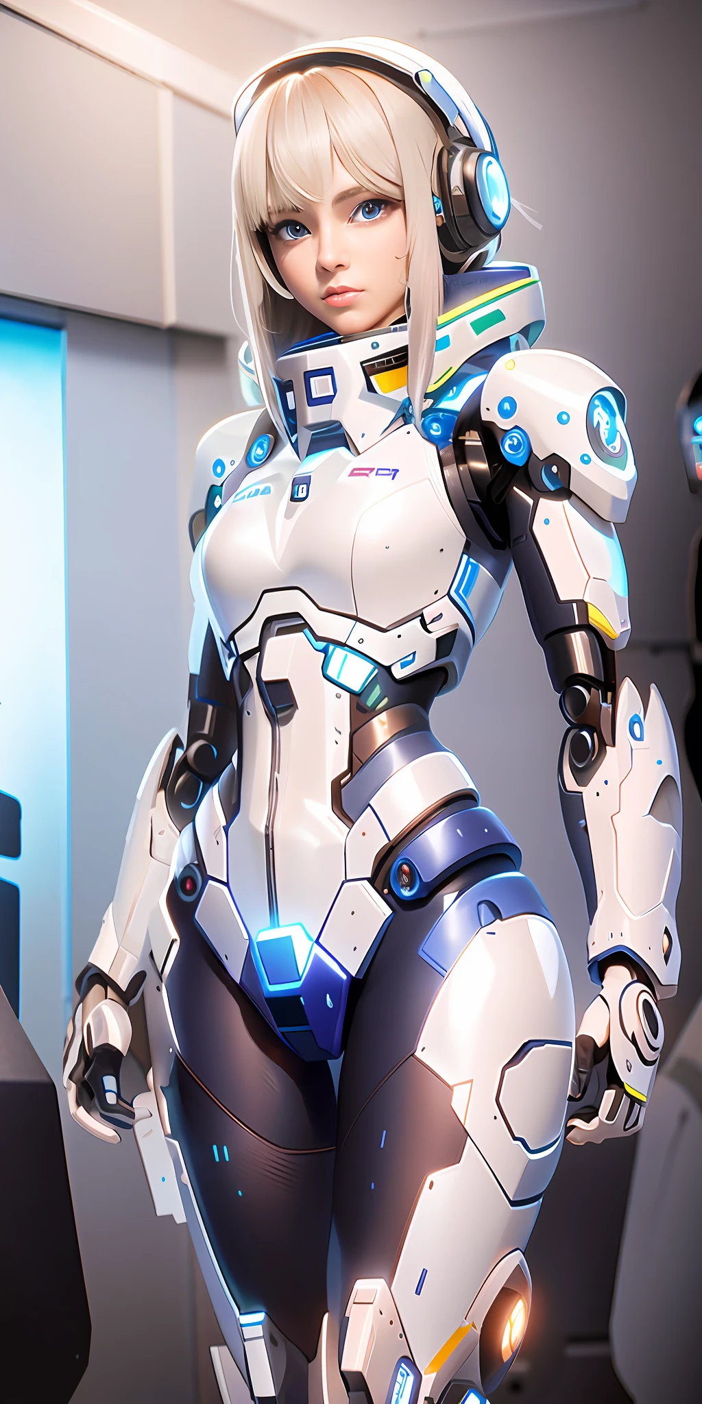 Lafite woman in futuristic suit standing in the room, echo from overwatch, inspired by Marek Okon, ferra white mecha, female mecha, Mecha suit, overwatch character, overwatch character concept art, overwatch design, overwatch skin, girl in mecha cyber armor, from overwatch, official overwatch game art, in white futuristic armor