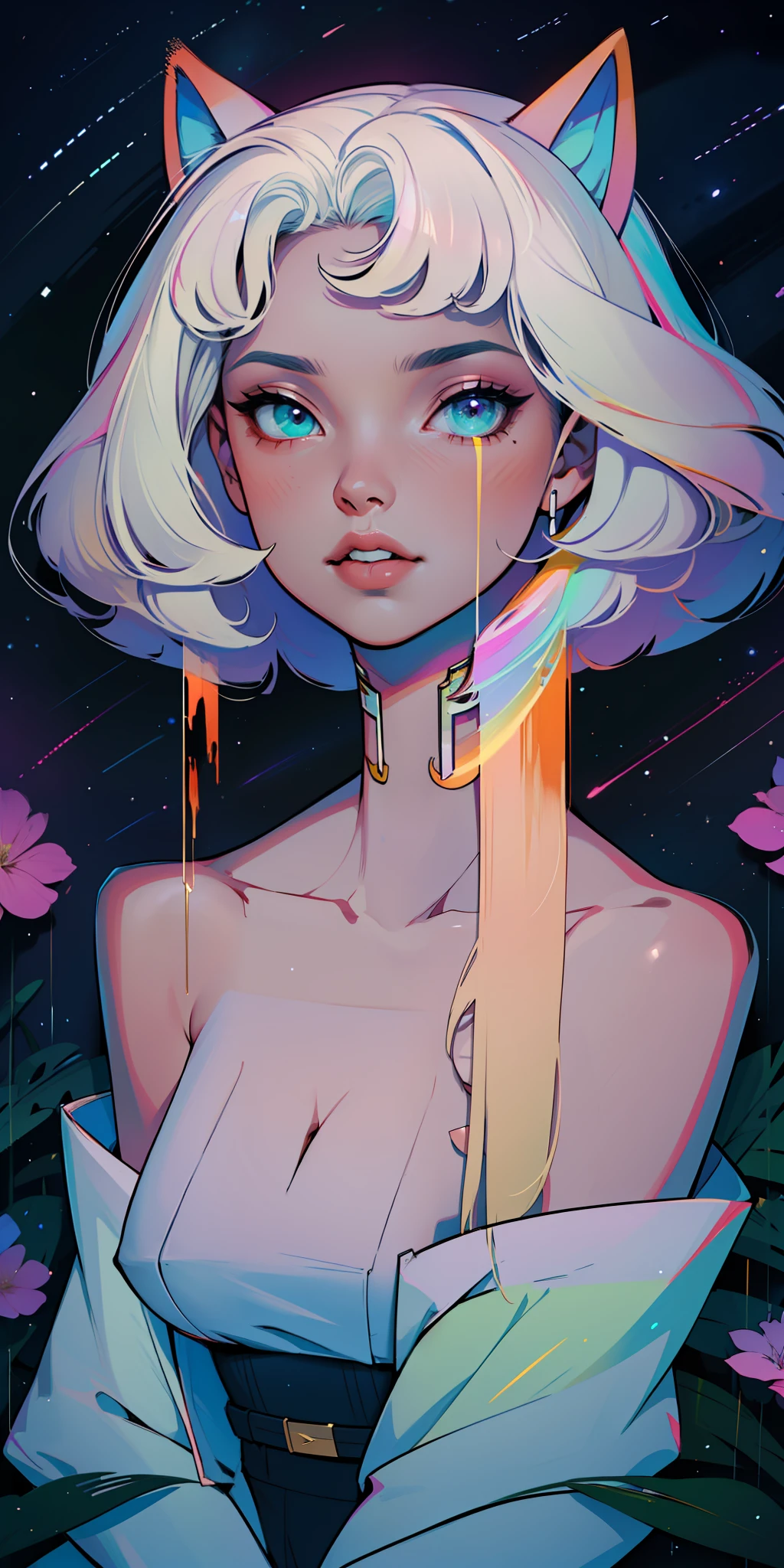 ,Professional,abstract beauty,approaching perfection,dynamic,Highly detailed,digitalpainting,Artstation,Concept art,Smooth,sharp-focus,illustartion,Artists: by Carne Griffiths, Wadim Kashin,leonid afremov,kandinsky,Psychedelic,watercolour,crystals foil,stylish,Fantastic,a gold,colorful neon, s face, waist-high, portraite of a, up close, near, queen, a goddess, A glorious sunrise, aura, Glow, multi-colored bright aurora borealis, Spectrum Rainbow,Colored feathers, In a chic, Purple, mint, Yellow, Gradient, Lavender pink azure white hair, pastel, mixed-language_SMS, (beautiful and clear background:1.2),, fantastic paintings , high detailed eyes, crystals, outer space, galaxy, Gorgeous hair, hydrangea, Plants. Loving. Love. ultra detail hair, Best Quality, hiquality, hight resolution, detail enhancement, ((most beautiful image in the world)), Masterpiece, Best Quality, High Quality Detail Enhancement, ((most beautiful image ), Shiny hair, ultra chic topless, naked body, curvy chic body, Stampa Flores, art by stjepan sejic, art by j scott campbell, Artist Guillem March, art by citemer liu, 4k, hight resolution, comic book character, comic, high quality detailed, style of ::2.0 comix illustration style,tatoon style, hiquality, hight resolution, detail enhancement, 8K, HD, Best Quality, hiquality, hight resolution, detail enhancement, 8K, HDR, sharp-focus, Ultra Detailed, perfect lighting, Curvy Body, Lush big breasts, Curvy big hips, sparks, Stars, The Cycle of the Stars, Wolf, cat ears, in a beachfront environment,Angel