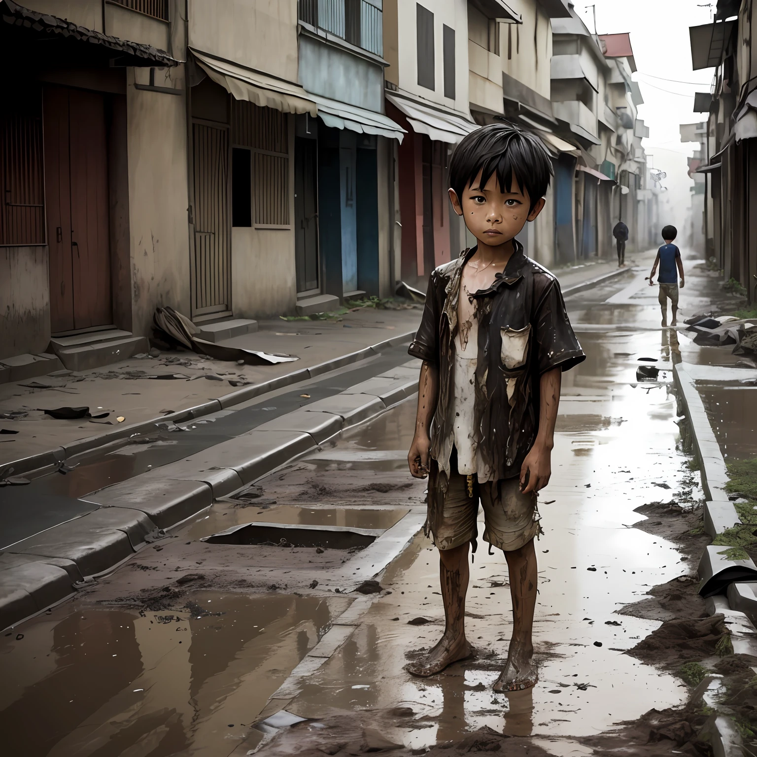 A -yead boyands barefoot on the street,shota,ripped clothes,unkempt,injured,mud soil,depressive。Armageddon,war,Ruined streets,hight resolution,beste-Qualit,tmasterpiece,lifeless