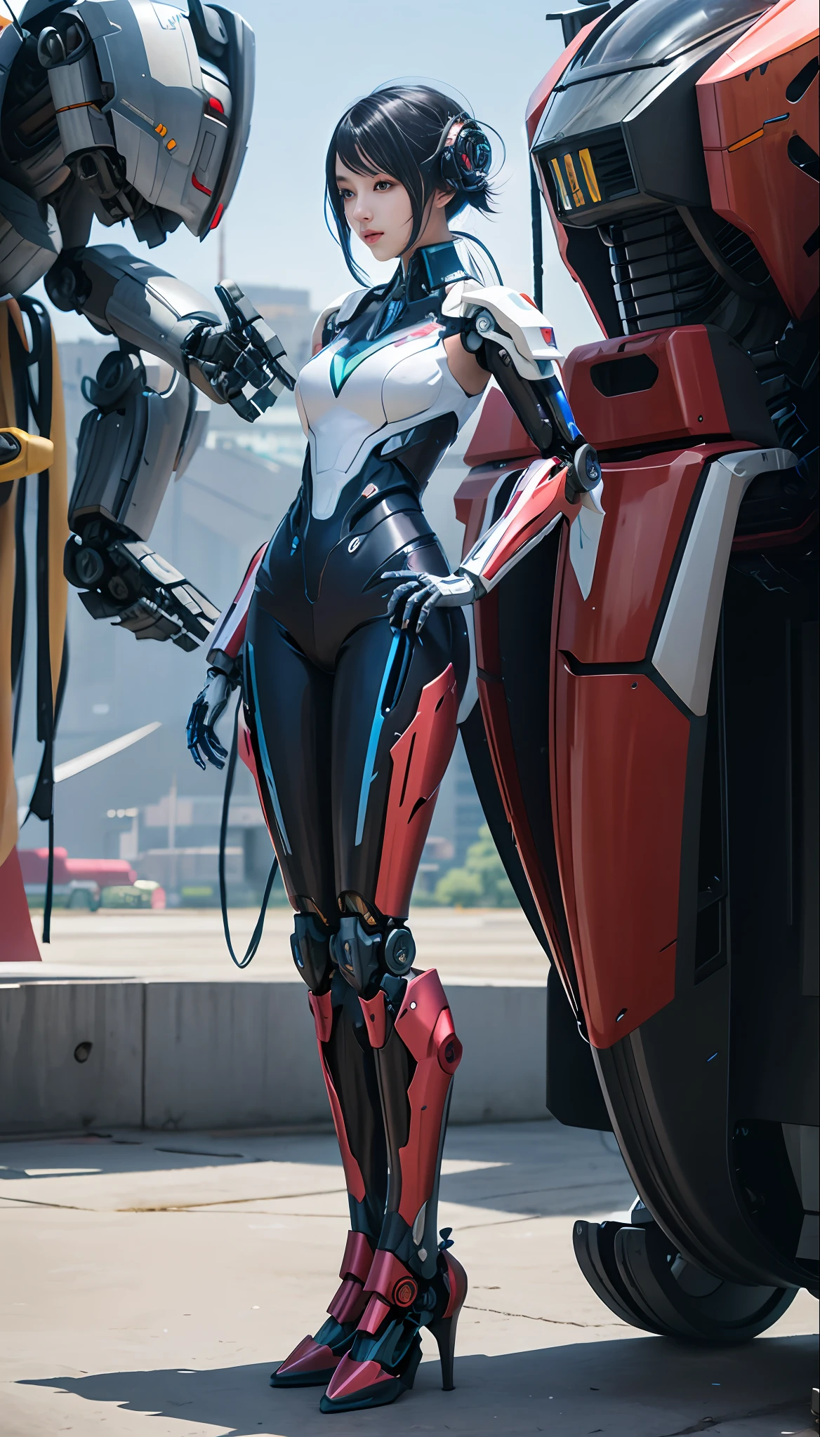 Anime girl in futuristic suit standing in front of a giant robot, girl in mecha cyber armor, cyberpunk anime girl mech, Mecha suit, female mecha, anime robotic mixed with organic, anime mecha aesthetic, Beautiful robot character design, Mechanized Valkyrie girl, symetry! futuristic robotic, wojtek fus, perfect anime cyborg woman, mecha asthetic