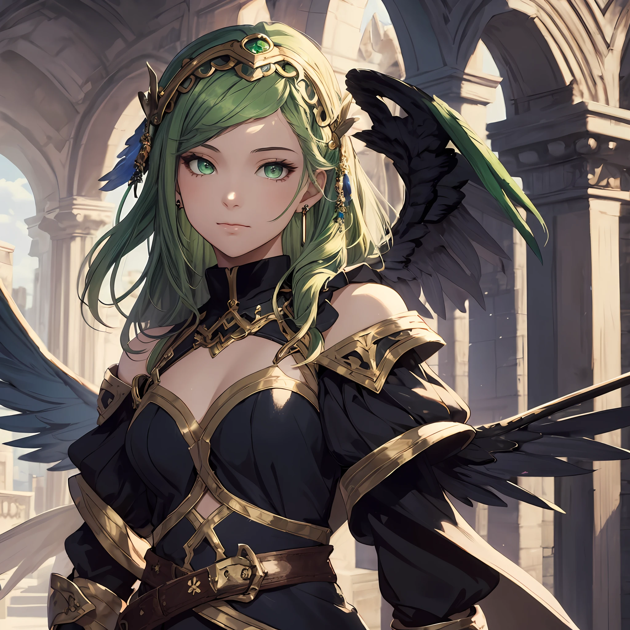 masterpiece, best quality, 1girl, teenager, female focus, solo, light green hair, vibrant green eyes, long hair, looking at viewer, closed mouth, Fantasy aesthetics, fantasy earring, Highly detailed, shadowverse style, white attire, winged headband