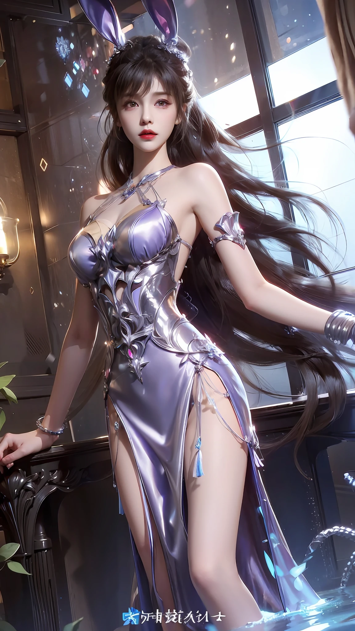 Anime - Stylistic image of a woman in a white and purple dress miniskirt，4 k detail fantasy，3 D rendering character art 8 K，anime highly detailed，Smooth anime CG art，Popular on CGstation，8K high-quality detail art，goddes。extremly high detail，hyper-detailed fantasy character，highly detailed character，2。5 D CGI anime fantasy artwork，bunny ears