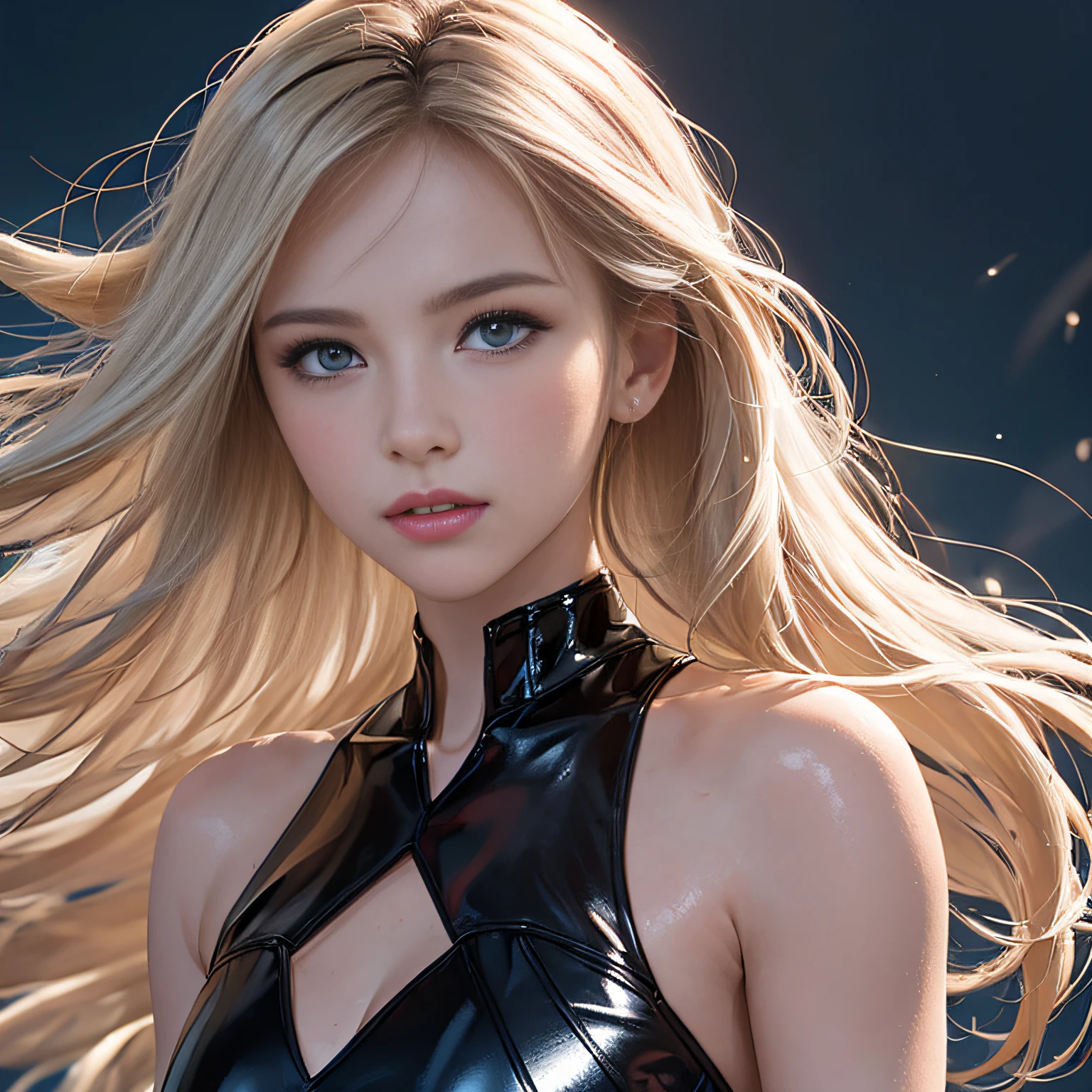 (8K, RAW Photos, of the highest quality, Masterpieces: 1.2), (Realistic, Photorealistic: 1.37), Highest Quality, Ultra High Resolution, light  leaks, Dynamic lighting, Slim and smooth skin, (Full body:1.3), (Soft Saturation: 1.6), (Fair skin: 1.2), (Glossy skin: 1.1), Oiled skin, 22 years old, Night, shiny white blonde, Well-formed, Hair fluttering in the wind, Close-up shot of face only, Physically Based Rendering, From multiple angles