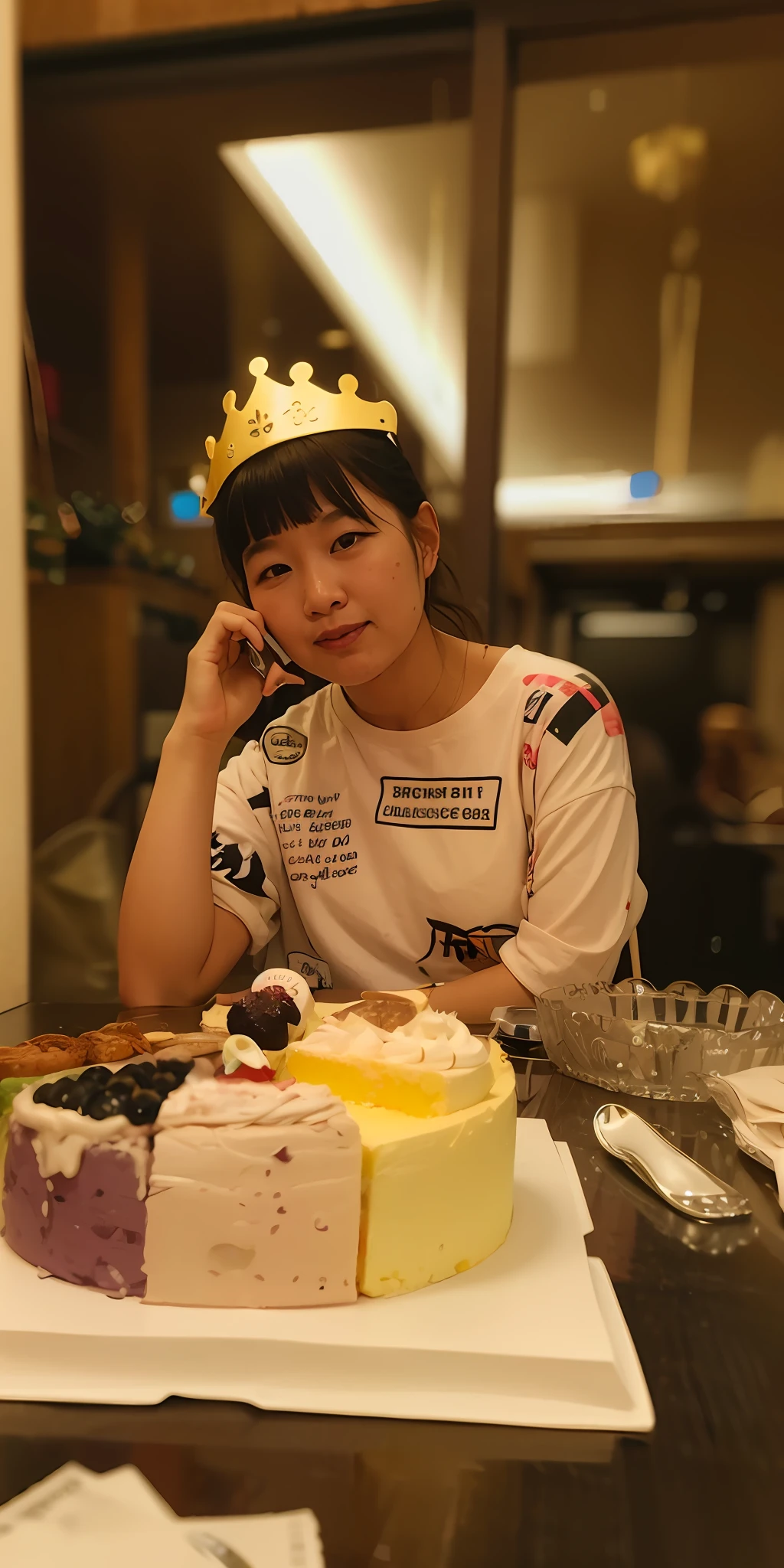 Woman sitting at table with cake and phone, wenfei ye, xintong chen, wearing a paper crown, 2 ***********, 2 ***********, 2 ***********, 21 years old, Cupcakes, 2 ***********, wenjun lin, photograph taken in 2 0 2 0, 2 ***********, mukbang